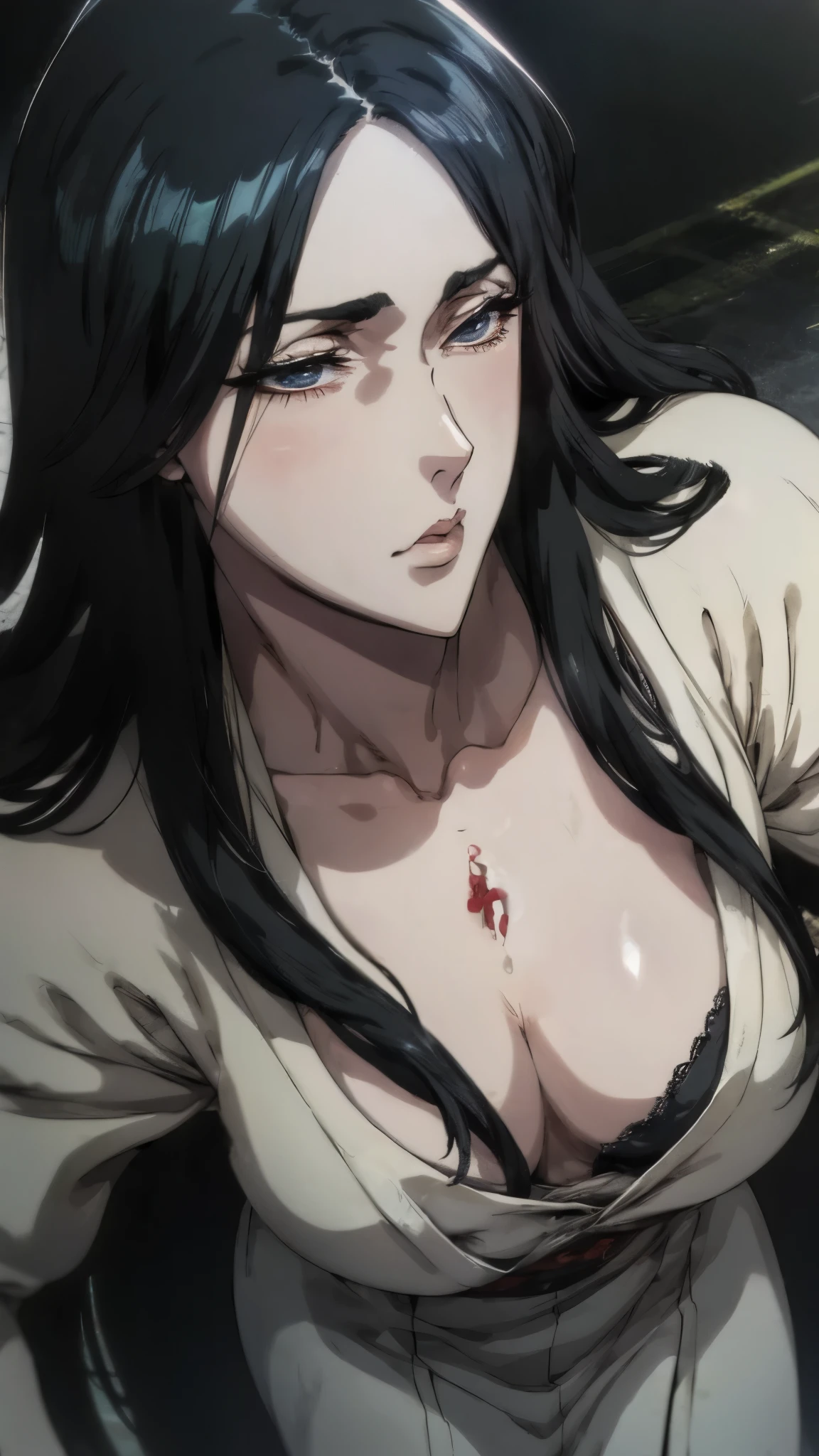 solo, (sophisticated renaissance dress:1.0), ((masterpiece)), ((high resolution)), ((best quality)), (realistic skin), (insanely detailed anime eyes), incredibly detailed, beautiful detailed girl, hanging breasts, front view, facing at viewer, (see-through:0.5), covered, ((black hair)), (extra long hair), profile, medium breasts size, plump thighs, wide hips, medium muscles, smoky-black eyes, draw up, 30 years, mature woman, pale skin, Beautiful fingers, Beautiful long legs,