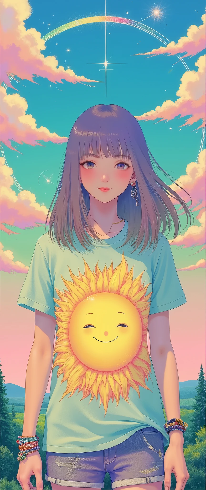 Masterpiece, illustration, psychedelic ,Neon Art,Layered Textures , vector art,太陽の中心に笑顔の拡大図の illustrationが描かれたTシャツを着た女性, pop, smiles and sunshine, cute