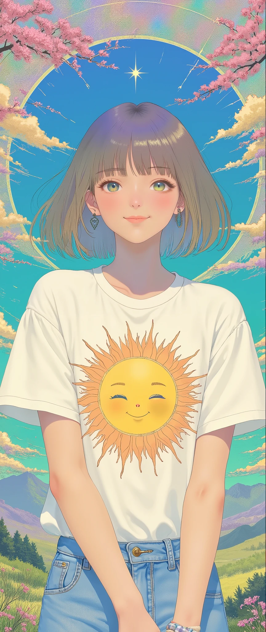Masterpiece, illustration, psychedelic ,Neon Art,Layered Textures , vector art,太陽の中心に笑顔の拡大図の illustrationが描かれたTシャツを着た女性, pop, smiles and sunshine, cute