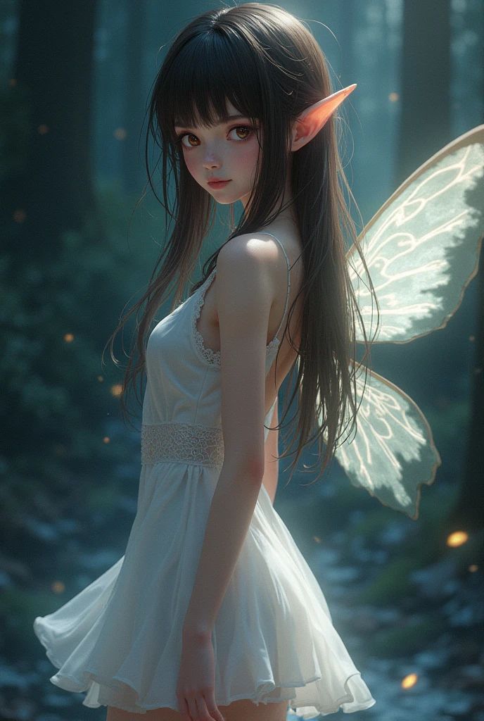 "((Innocent)) girl, golden hour, dreamy meadow, ethereal, whimsical, flowing dress, soft sunlight, enchanting, butterfly wings, (pastel clouds), liquid reflections