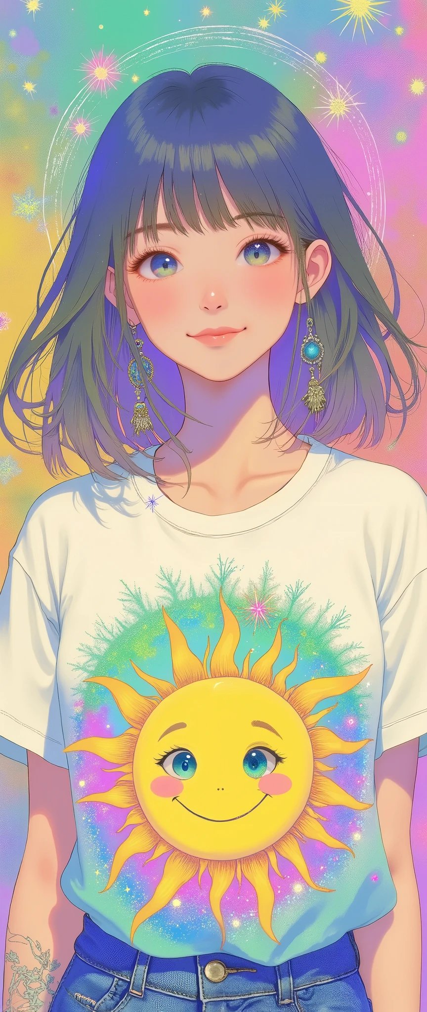Masterpiece, illustration, psychedelic ,Neon Art,Layered Textures , vector art,太陽の中心に笑顔の拡大図の illustrationが描かれたTシャツを着た女性, pop, smiles and sunshine