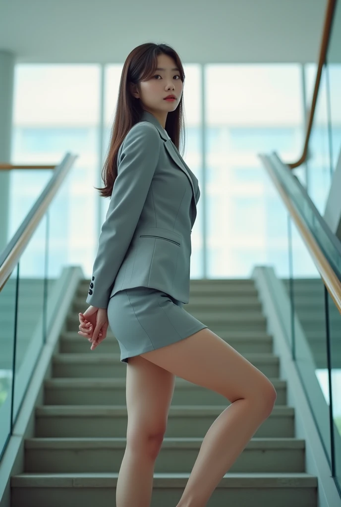 Top Quality, Very High Resolution, (Realistic:1.4), (Exact Reproduction: 1.4), Medium Breasts, Facial Detail, Fine Eyes, Career Woman, black Business Suit, mini Skirt, Heels, Standing, Skirt, 1Girl, escalator, Back view, Beautiful long legs, Almost visible buttocks, Shot from below,