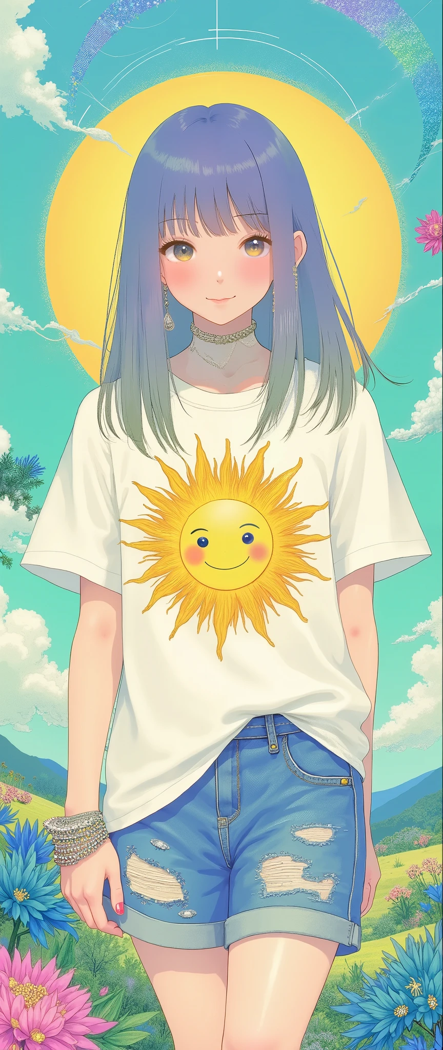 Masterpiece, illustration, psychedelic ,Neon Art,Layered Textures , vector art,太陽の中心に笑顔の拡大図の illustrationが描かれたTシャツを着た女性, pop, smiles and sunshine, cute