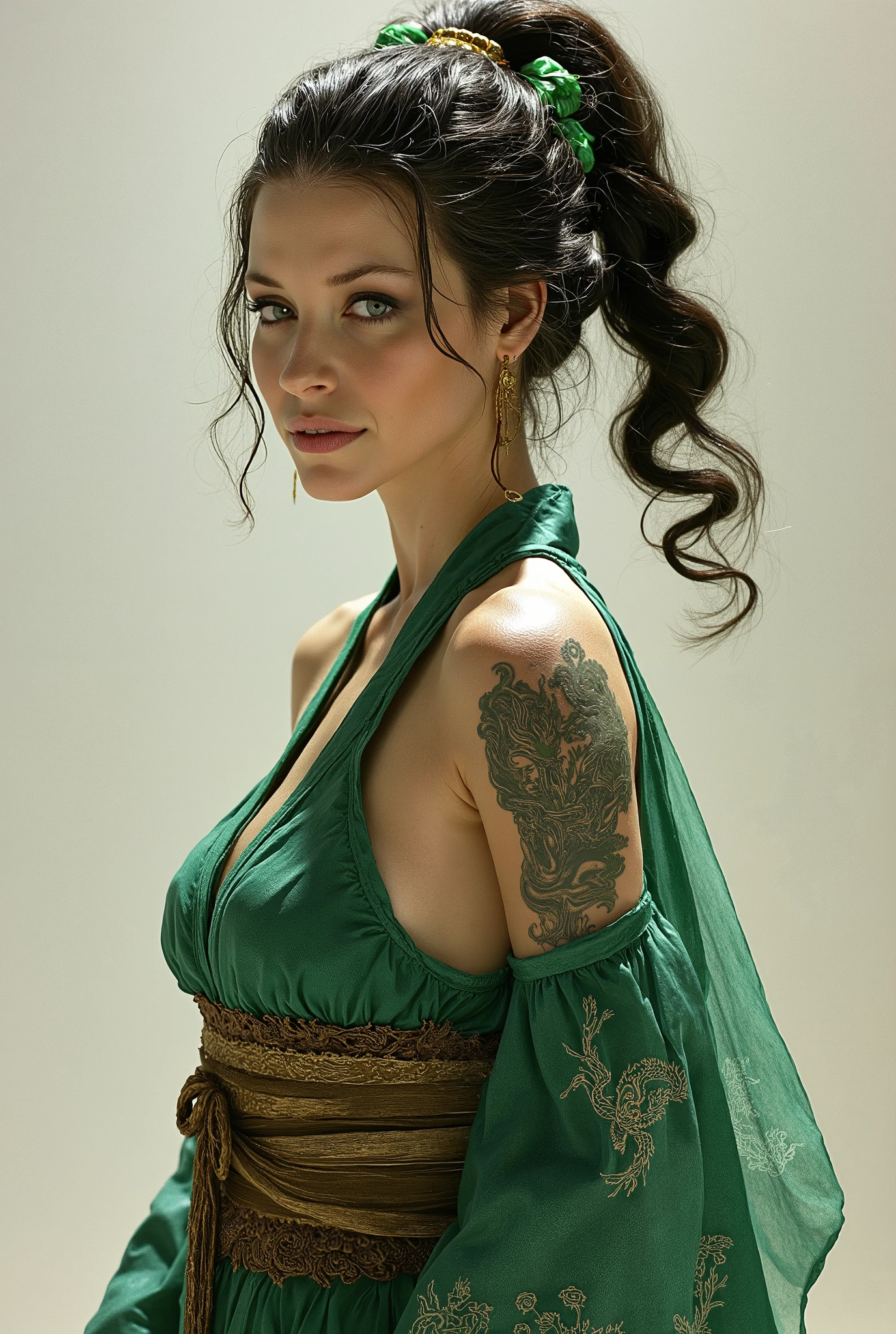 Score_9, score_8_up, score_8, score_7_up, expressiveh, Evangeline Lilly, (yukata without sleeves), ((arms are made of sculpted jade)), ponytail, (green arms dragon tattoo), ((1girl)) , (masterpiece) (hyperdetailed) one person, deep_negative_pony