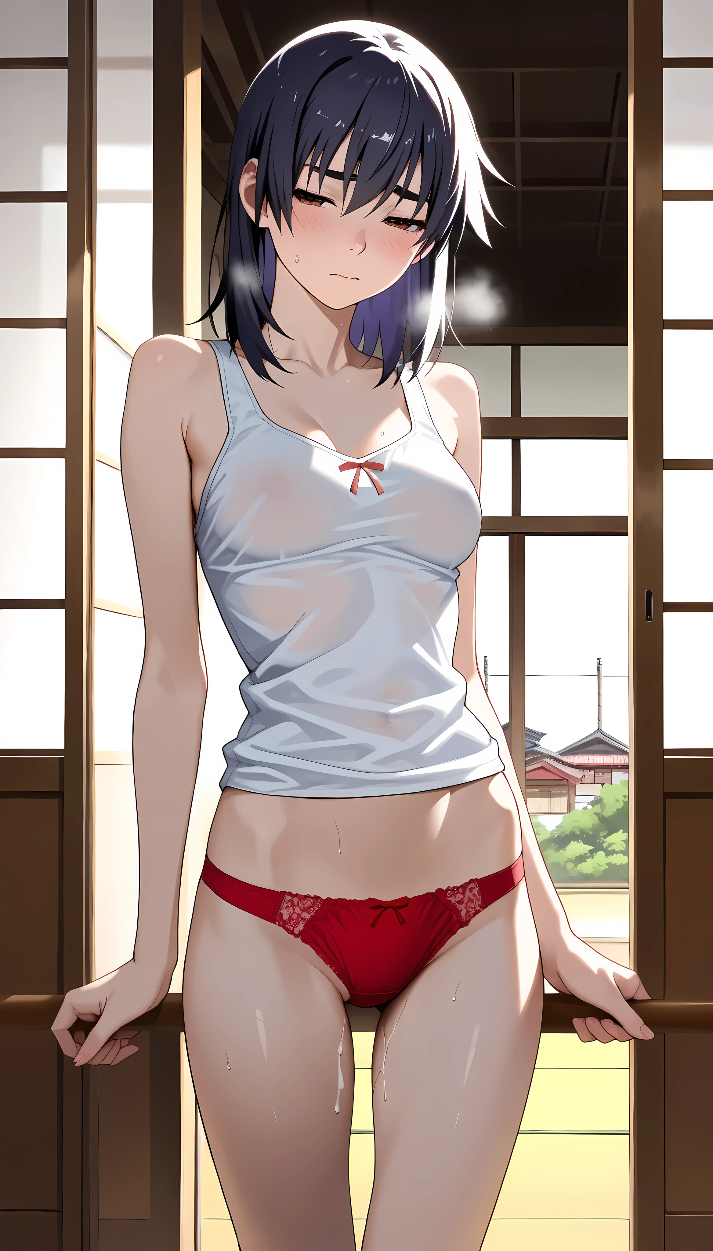 Best Quality, masterpiece, ((Solo, 1girl)), Komi shouko, fine detailed shiny eyes, medium chest, high resolution, best lighting, extremely detailed illustrations, blush, embarrassed, smile, open mouth, crotch seam, cameltoe, day, very NSFW, no bra, white shirt, very hot, extremely aroused, very small shorts, panty strings visible, thong strings visible, butt facing camera,