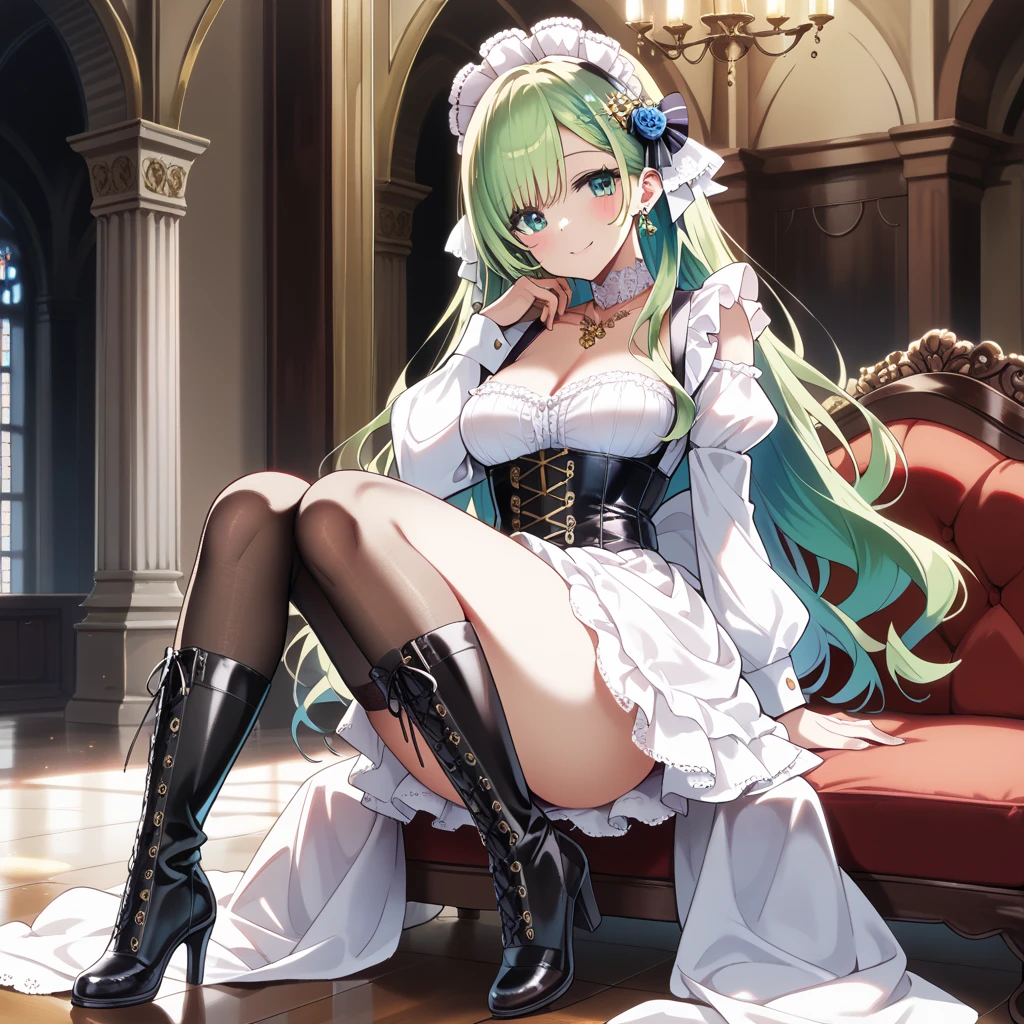 solo, adorable girl, (green hair), long hair, bangs, green eyes, eyeshadow, (housemaid), butterfly, (medium breasts), black silk stocking, leg garter, loafers, (maid headdress), earrings, ribbon choker, tennis racket, nose blush , sitting, hand on own chest, crossed legs, Bare thigh, seaside, sandbeach, day, sunset, mountain, in spring, game cg, light, highres, wallpaper