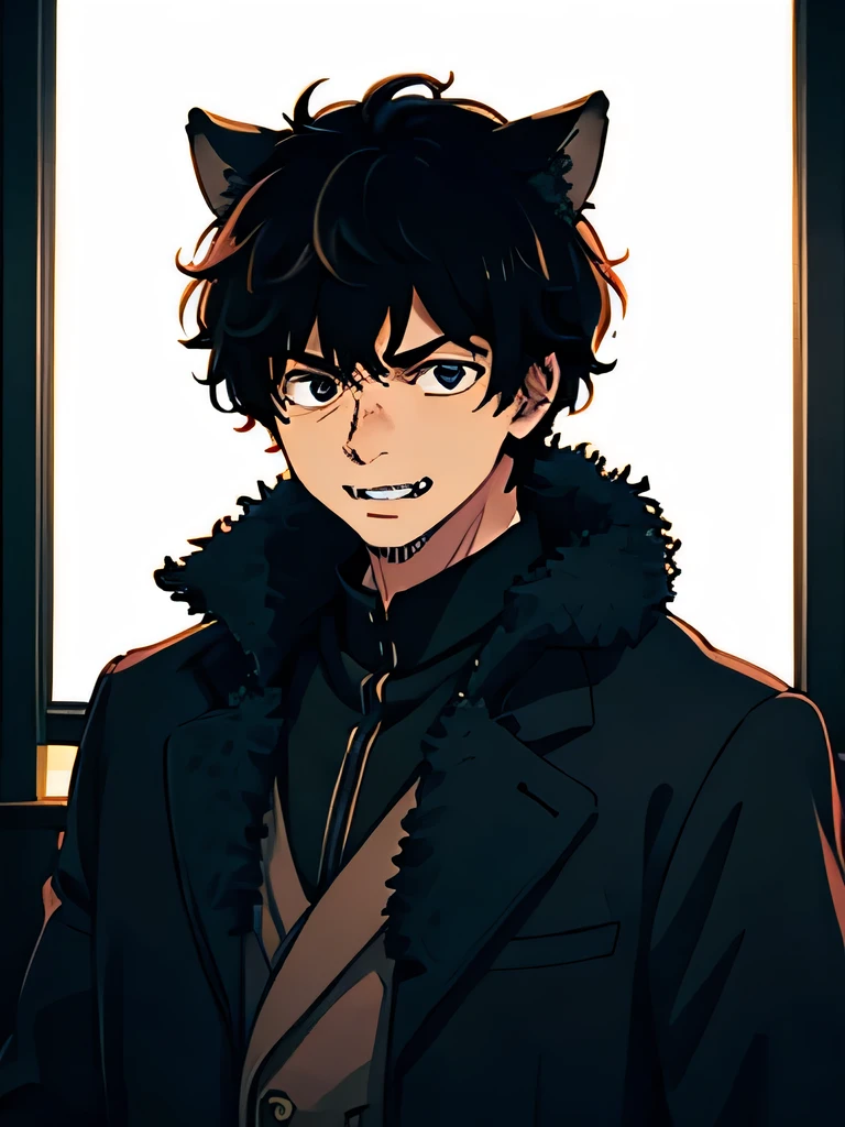 old male, indonesian , has fangs but one, silly, ignorant , Main character , black hair, curly hair, love the challenge , short hair, wearing a furry coat