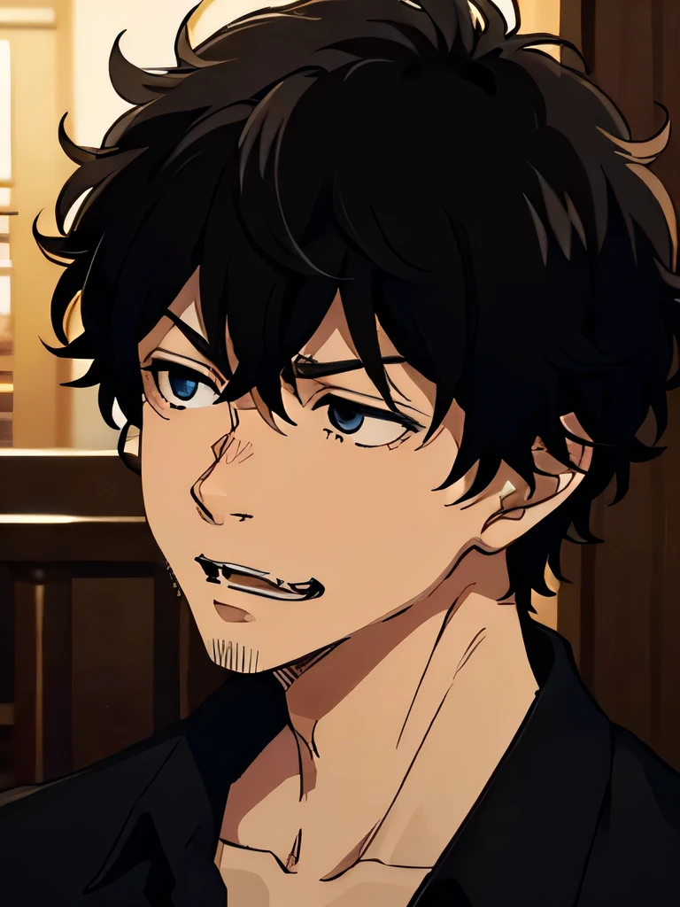 old male, indonesian , has fangs but one, silly, ignorant , Main character , black hair, curly hair, love the challenge , short hair, black eye color