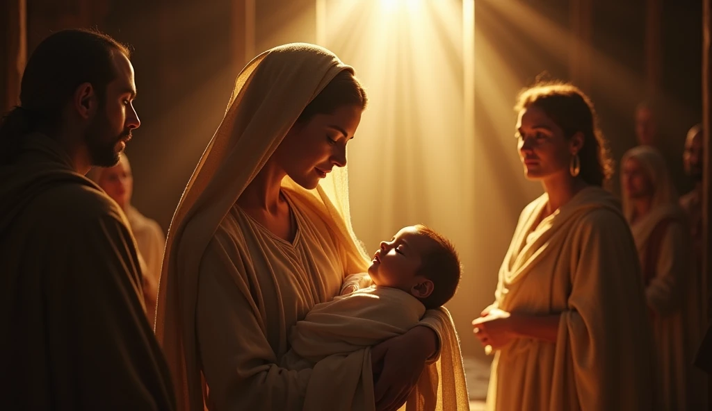 ((lifelike lighting, Melhor qualidade, 8K, Obra-prima: 1.3)), Foco claro: 1.2, Hebrew woman with newborn on her lap next to the manger --auto