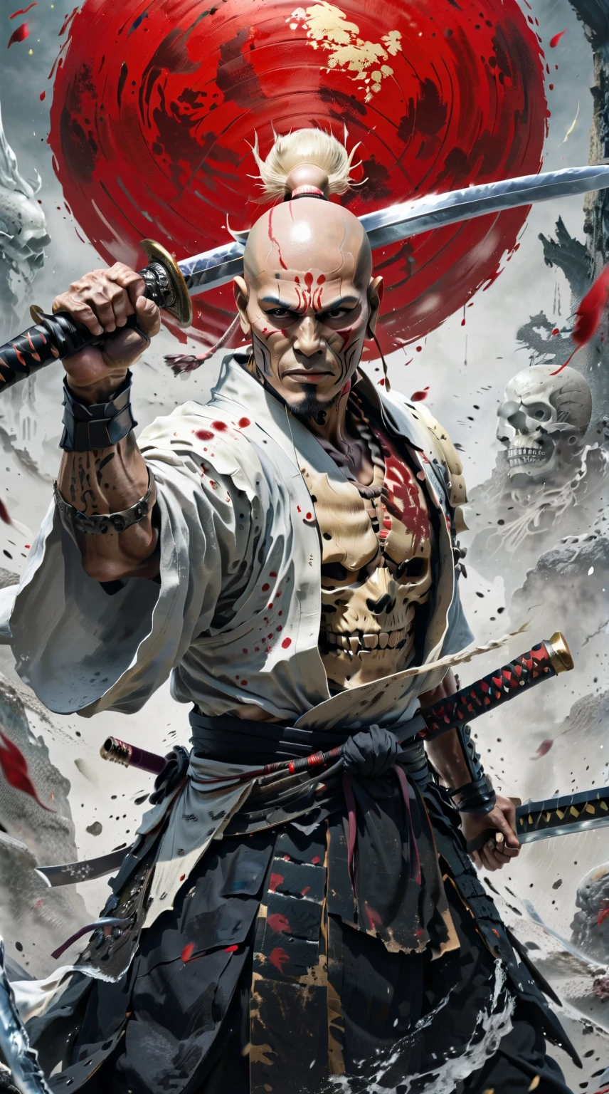 historic, Upper body naked old man, warrior,Wounded,Upper body naked, Japanese sword, Shaved Head, warrior, Grandpa，Seppuku suicide,  One Eye,