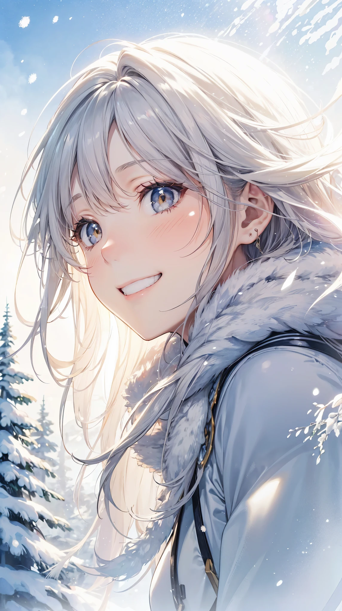Light watercolor, and a surprised smile, fateful reunion, Snowy scenery in a silver world with snow piled up , Refreshing sunlight penetrating through white breath, The best smile that won't give in to the sunshine,