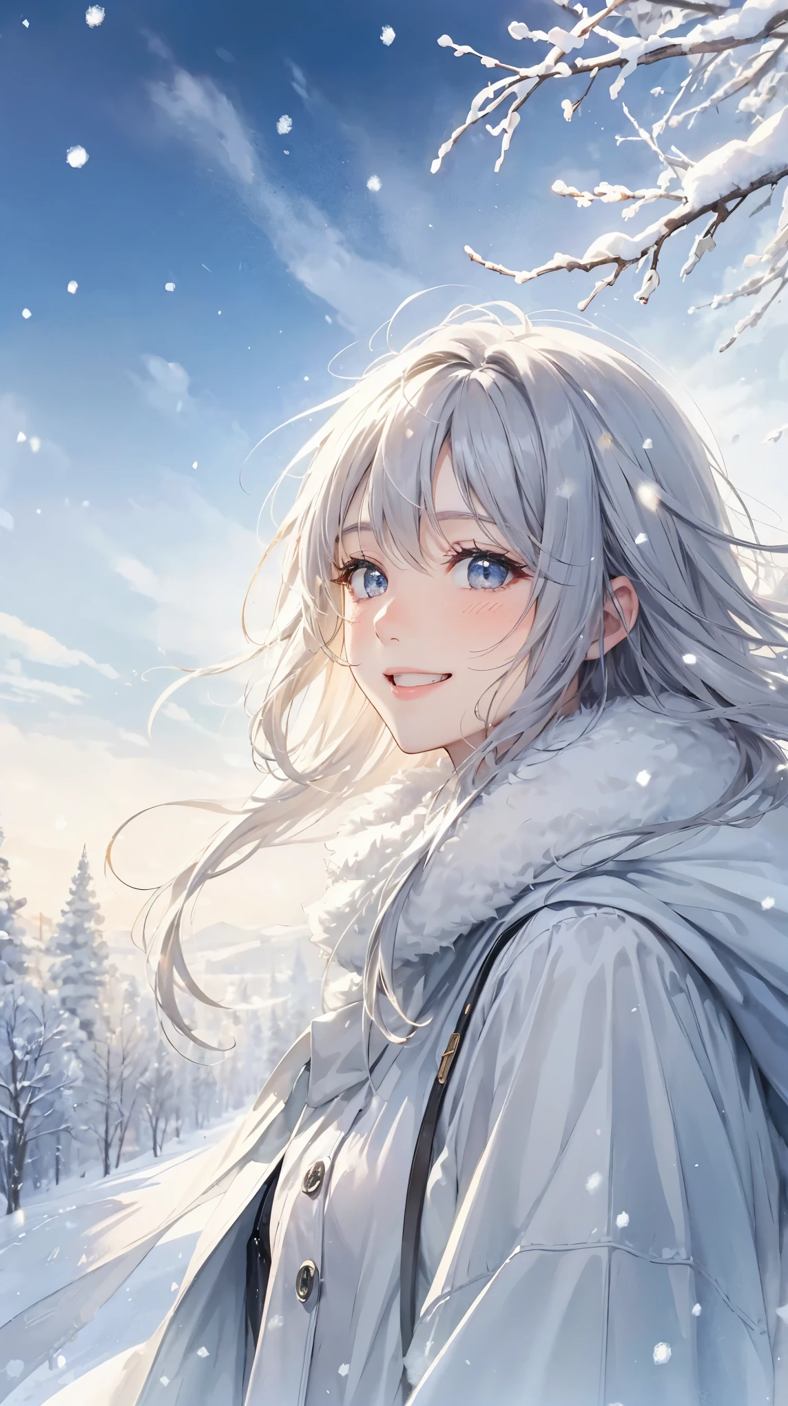 pale transparent watercolor,  and a surprised smile, fateful reunion, Snowy scenery in a silver world with snow piled up ,  Refreshing sunlight penetrating through white breath, The best smile that won't give in to the sunshine,