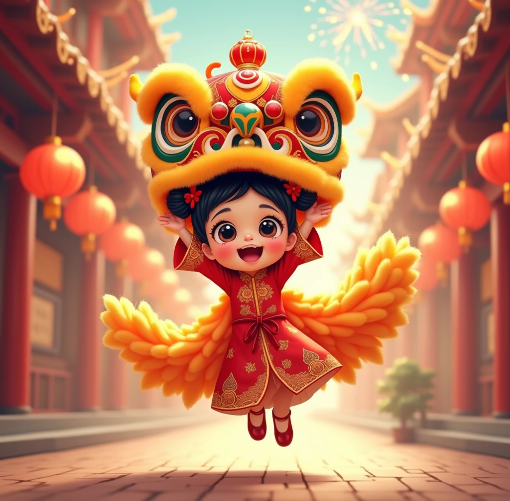 The picture shows a wonderful Chinese lion dance performance。The stage set faces the traditional courtyard，Big red lantern、Golden holiday banner hanging high。People in the audience cheered，Looking forward to a gorgeous and mysterious lion dance performance。 in the center of the picture，The majestic lion dance is ready to try。it is tall and powerful，Covered in golden fur，The body is decorated with red、green ornaments。Its lion head comes to life，The eyes are flexible，凝视antigo方。Lion bites firecracker，It symbolizes the power of celebration and the power of destruction。 antigo、The last two dancers perform lion dance。They wear uniform clothes，Precisely coordinate movement。antigo舞者身穿红色长袍，with dancing sticks，dancing lion body，Showing the strength and power of the lion。The rear dancer manipulates the tail of the lion dancer，Follow the lion dance with flexibility and elegance。 The audience was elated，There was endless applause and applause。They watched every move of the lion dance attentively，Full of joy and excitement。Some children scrambled to get closer to the stage，Reach out her hand，Chasing lion dance。 The whole picture is full of joy、happy atmosphere。The colors are bright and bright，It makes people feel like they are in the joyful Mid-Autumn Festival。The power and power of lion dance、Dancer cooperation and coordination，It shows the unique charm and wonderfulness of lion dance performances in Chinese culture。