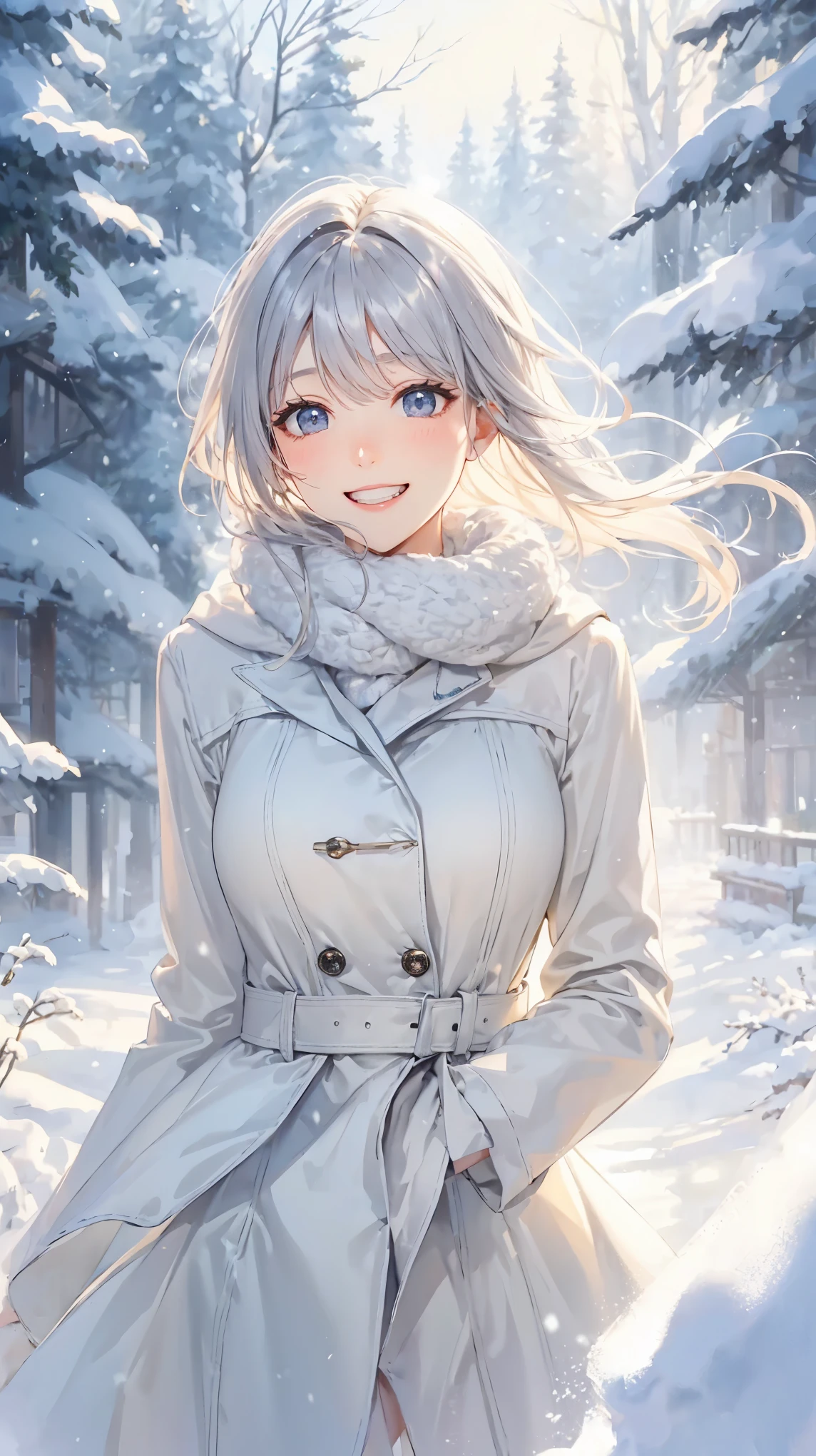 pale transparent watercolor, and a surprised smile, fateful reunion, Snowy scenery in a silver world with snow piled up , Refreshing sunlight penetrating through white breath, The best smile that won't give in to the sunshine,
