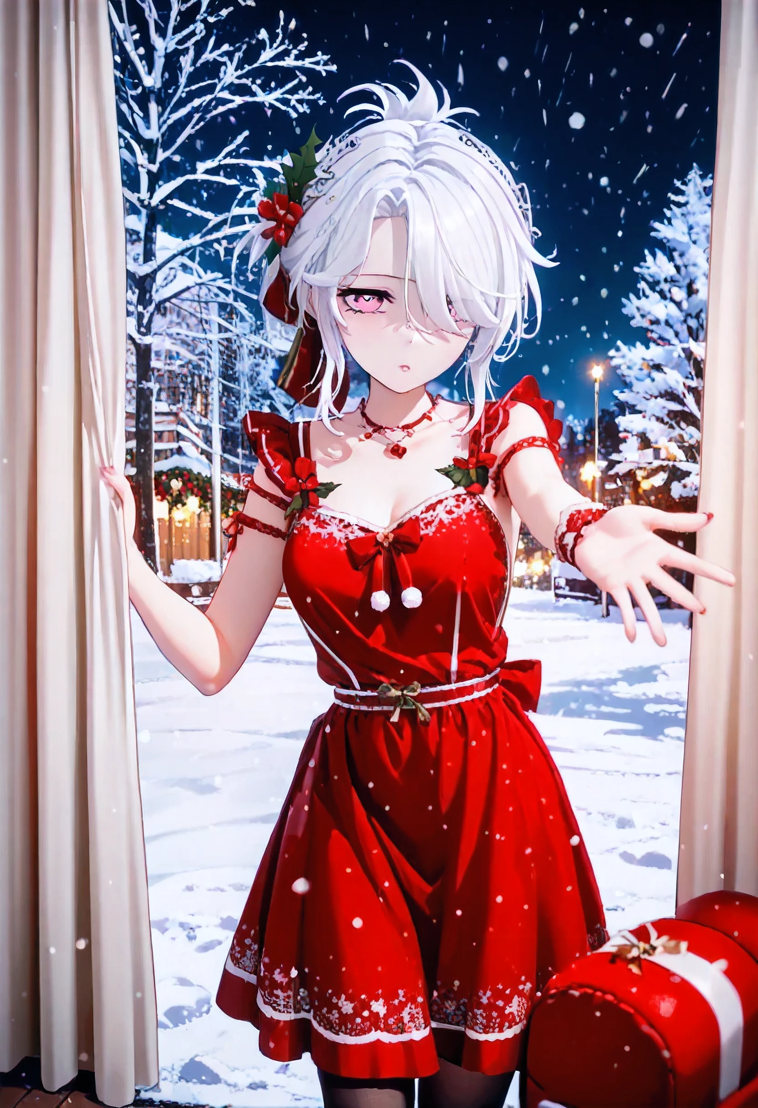UN\(EOE\),youen\(EOE\),one girl,solo,best quality, masterpiece,score_9, score_8_up, score_7_up, score_6_up, source_anime, beautiful girl, iris midgar, perfect anatomy, (photoshooting studio scenery),,break,1girl,(snowing,winter,christmas theme,christmas tree,bokeh background), (weak Lighting),,break, super detailed skin,very high resolution, very aesthetic,by famous artist, 8k, 16k,,beauty illustration,photoshop_(small),,(pink eyes:1.2),(white hair|Detailed hair|short hair|folded ponytail|hair over one eye),((curtain haircut:1.2,curtained hair)),(red short apron,black stockings,break,),POV,(sleepy, depressed,jitome),dilated pupils, empty eyes,standing,reaching out,selfie,taking selfie