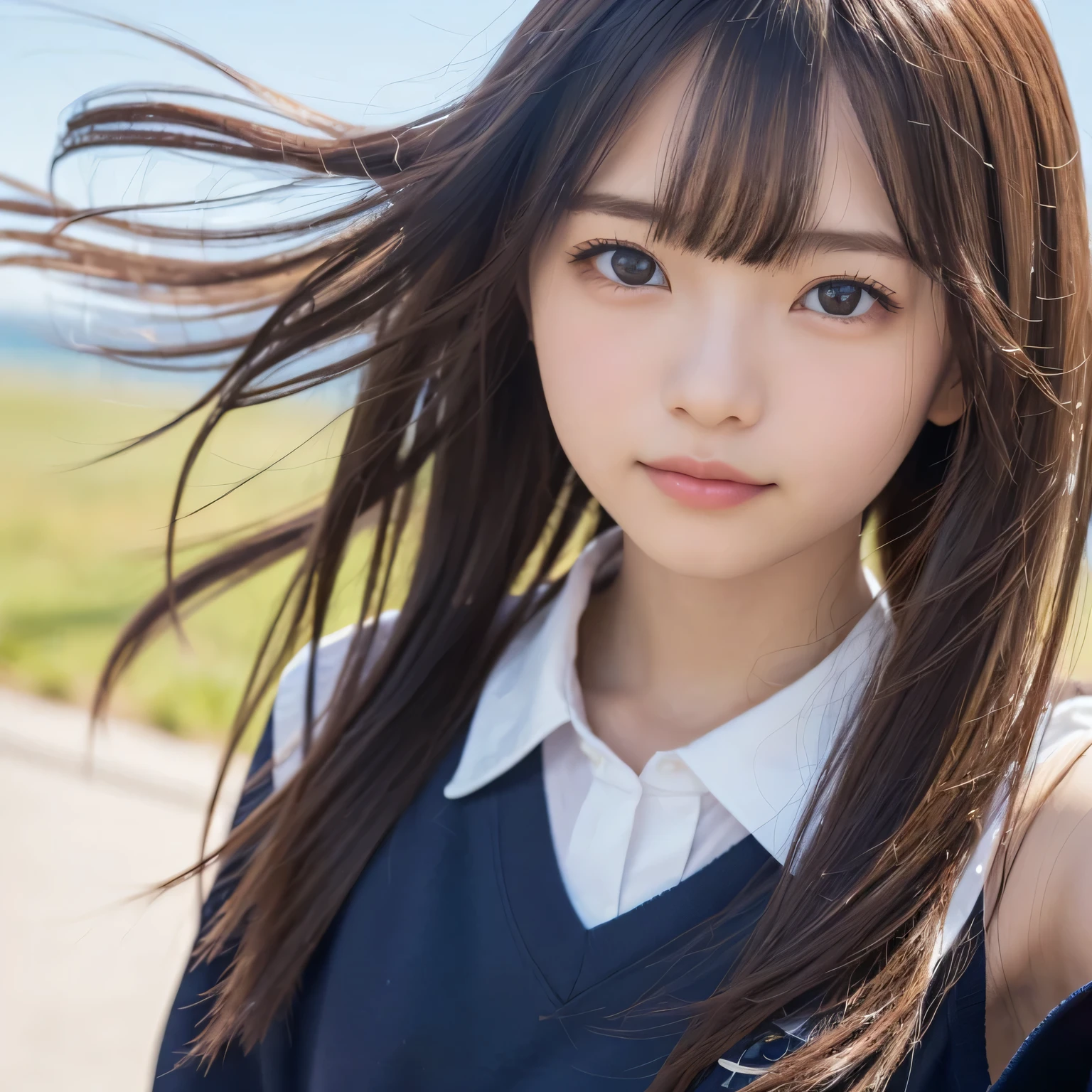 ((Live 2D)) Masterpiece, one girl , 、 full body , standing straight , , cute japanese high school uniform, viewers, detailed face , girl with green 、(((Straight hair down to the shoulders))), ((( princess cut))), , gradient hair, multicolor hair , small smile , , Gradient Eyes , dark brown eyes , ( simple background, white background : 1.3)、((( upper body photo))),((( small smile )))、((( face swells))),(((Round face))),((( the wind is blowing ))),((( face close-up )))