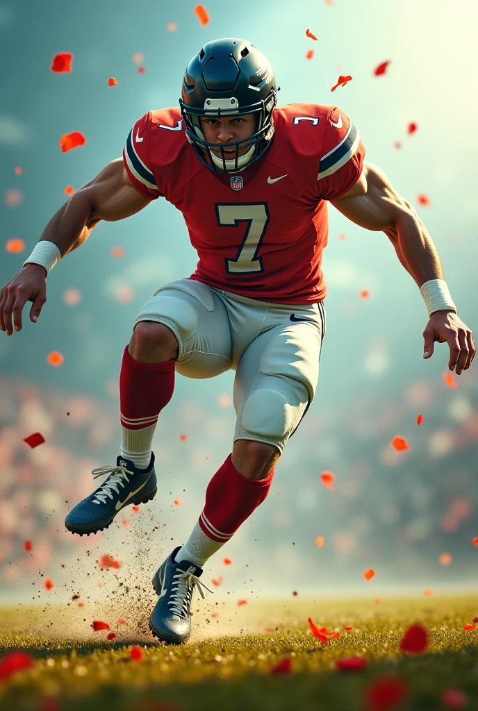 give me a character that is a happy football player with a flashy background