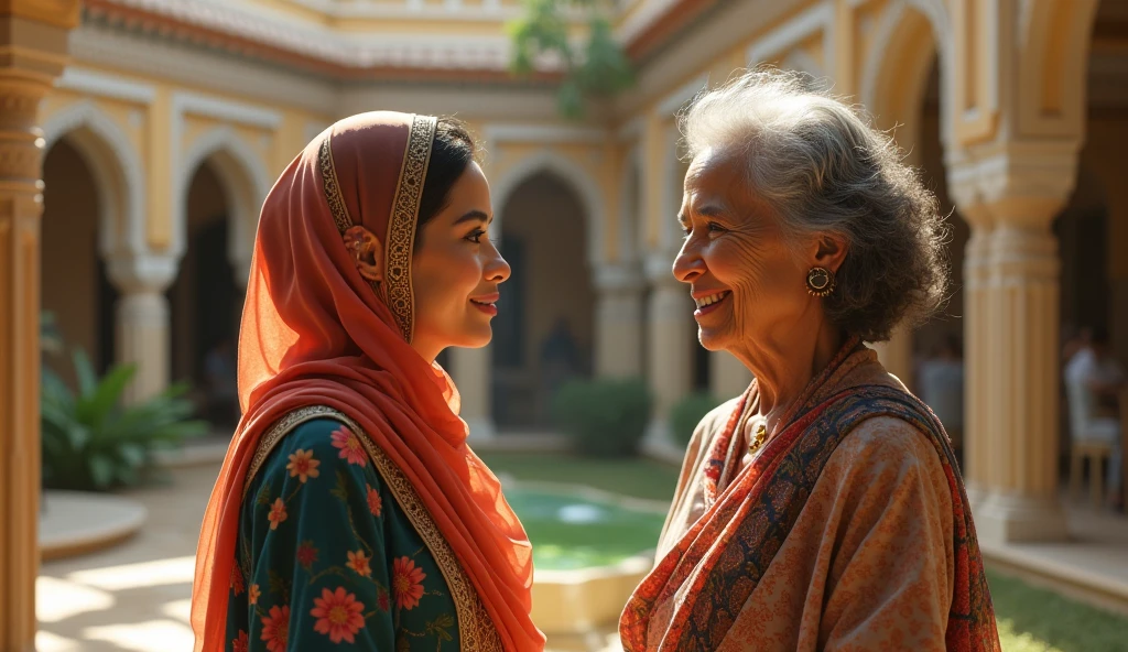 A beautiful looking Muslim bride was sitting in the house and sitting in front of her was her old lady in a beautiful color light pink saree talking to her and the lady in law was laughing.