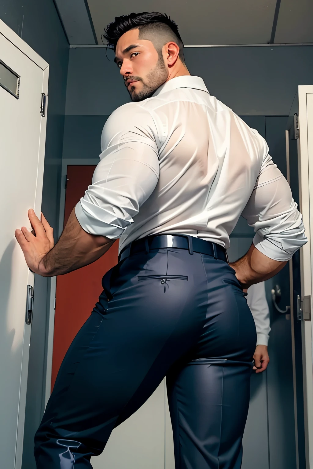 ((photo realistic)), (((one men only in the picture))), 20 years old mature bulky Hiroshi man with sharp chin posing in a white office, short haired, back arched, he is wearing grey shiny pants and shirt (big butt), ((tight pants)), medium shot taken from behind, back - shot, rear-shot, ((Low angle)), thick thigh, big butt, thicc