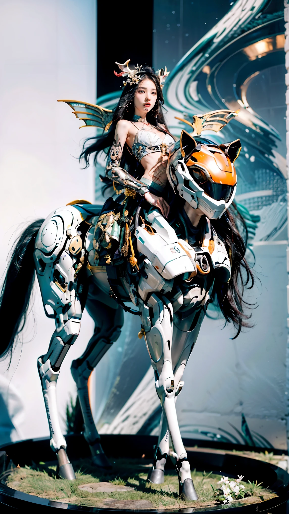 A female centaur,She is famous in the multiverse,She is both a female centaur, half human, half horse, half horse,It is also a female Yingzhao。She blends both images,The first is the head of a horse/neck/Shoulder these parts,After feminization,The upper body transforms into a beautiful female human,Female, half-centaur, half-human, half-horse, half-human,The second is the waist of the horse/hason/gluteal/Legs feminine,Female half-horse with beautiful woman's,Chimer,It's like a female human wearing a half-horse-like costume and making a seamless chimera,This chimerization is based on powerful futuristic technology。The ultra-wide-angle lens captures the image of her sleek and ethereal wings charging and leaping on the ionosphere。Her front half is distinctly feminine,Tall sexy body,Has K cup teardrop-shaped giant tit chest,It has a small man's waist butterfly spanning long legs,The half-horse part of the hind body,Embedded interface in the front half of the body hip position。The horse-shaped, half-horse torso form of her back body is completely female and humanized。A sexy bent dog-style shaped ribcage embedded in the lower back position of the beautiful woman's body from the upper end of the sternum/lower back/Ventral transverse。Then there are the sexy beauty's upright hips,Her entire body has been completely feminized,Including the half-horse part。Mechanized armor covers the legs with knee-shaped anti-joints and feet,And these parts are highly anthropomorphic,This makes her legs graceful and slender,Her four horse legs are bursting in length proportions, and she is slender and toned,Under the legs are skinny white feet dressed in Skyscraper Heels,Use Midjourney's advanced stroke tools and color palettes, as well as texture packs, model packs, and texture tools,Concentration,Femaleize all parts of her original equine physiologic appearance,And give these parts an ergonomic appearance,Fine treatment of the thoracic and abdominal cavity of the posterior body,As well as h