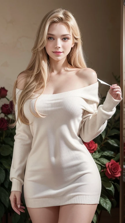 <lora:mondongo_LoRA_KenzieReeves:1> mndngwmn, blond hair, ((small build)), smile, (ultra realistic, 8k,high quality), FHM photograph, natural lighting, standing, wearing a knitted dress