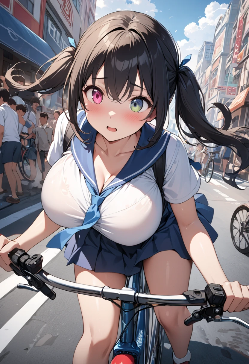 MASHIROTOUKO, BLACK HAIR, LOW TWINTAILS, HAIR OVER SHOULDER, HAIR RIBBON, BLUNT BANGS, LONG HAIR, BLACK EYES, 1girl, solo,  large breasts., empty eyes , nipple,　Expressway, Riding a bike