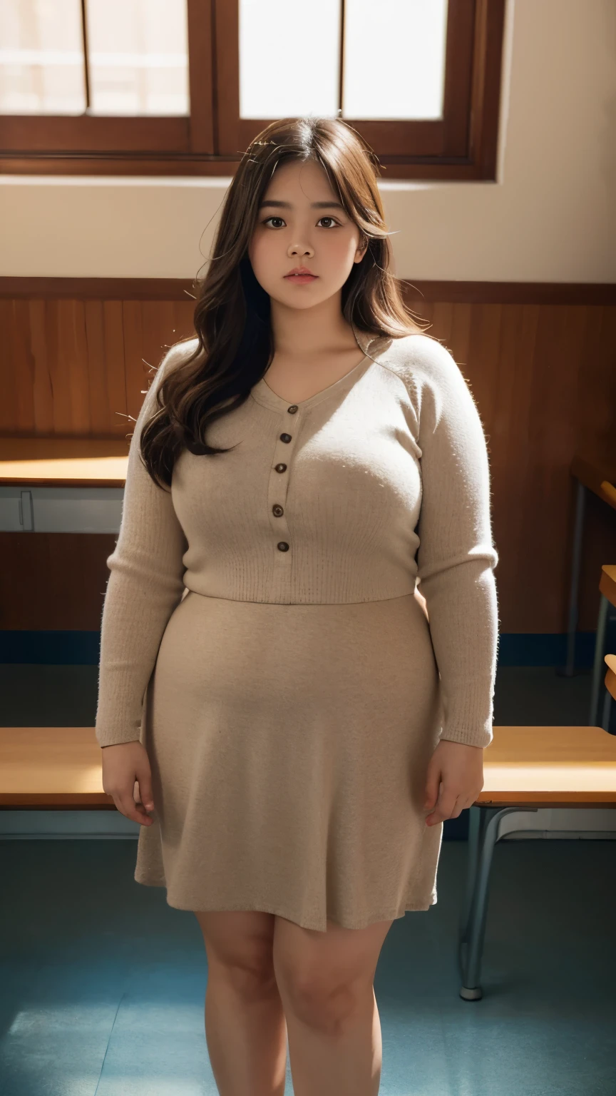 a 10 year old obese girl, chubby cheeks, round face, double chin, thick arms and legs, wearing a , standing in a school setting, realistic, detailed, highly detailed, intricate details, photorealistic, 8k, masterpiece, cinematic lighting, dramatic shadows, vibrant colors