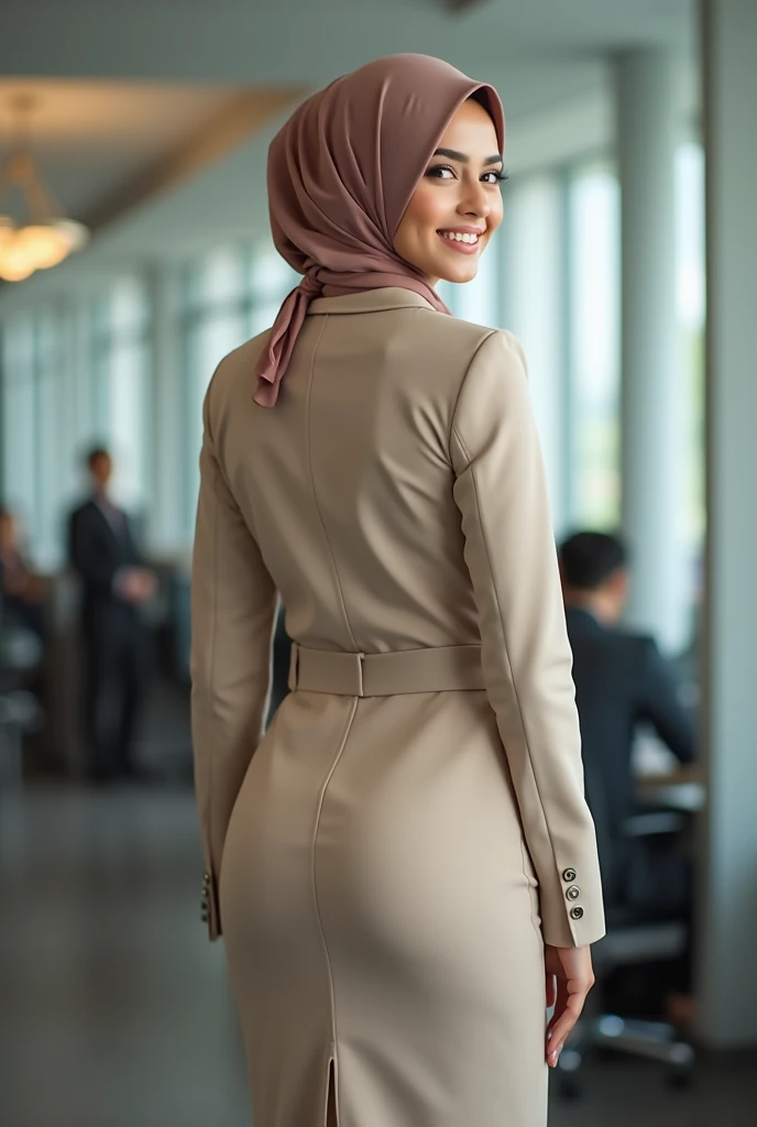 RAW, Best quality, high resolution, masterpiece: 1.3), beautiful Malay woman in hijab (iu:0.8),/(in a modern office/), 1lady solo, /(beige long pencil skirt jacket/) id card, blush on smile friendly, (best quality masterpiece: 1.2) very detailed, big breasts, big buttocks, from behind,(looking at the audience, looking back, facial details, double eyelids, smiling, ((his hand is on her butt groping it)))