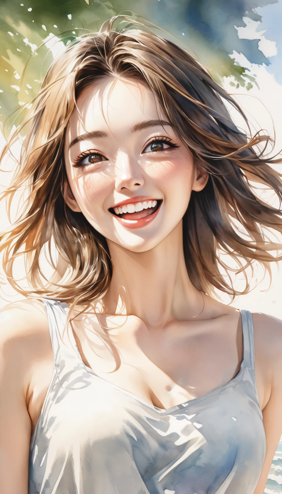 Light watercolor, Ultra Realism, and a surprised smile, Fresh sunshine, The best smile that won't give in to the sunshine,