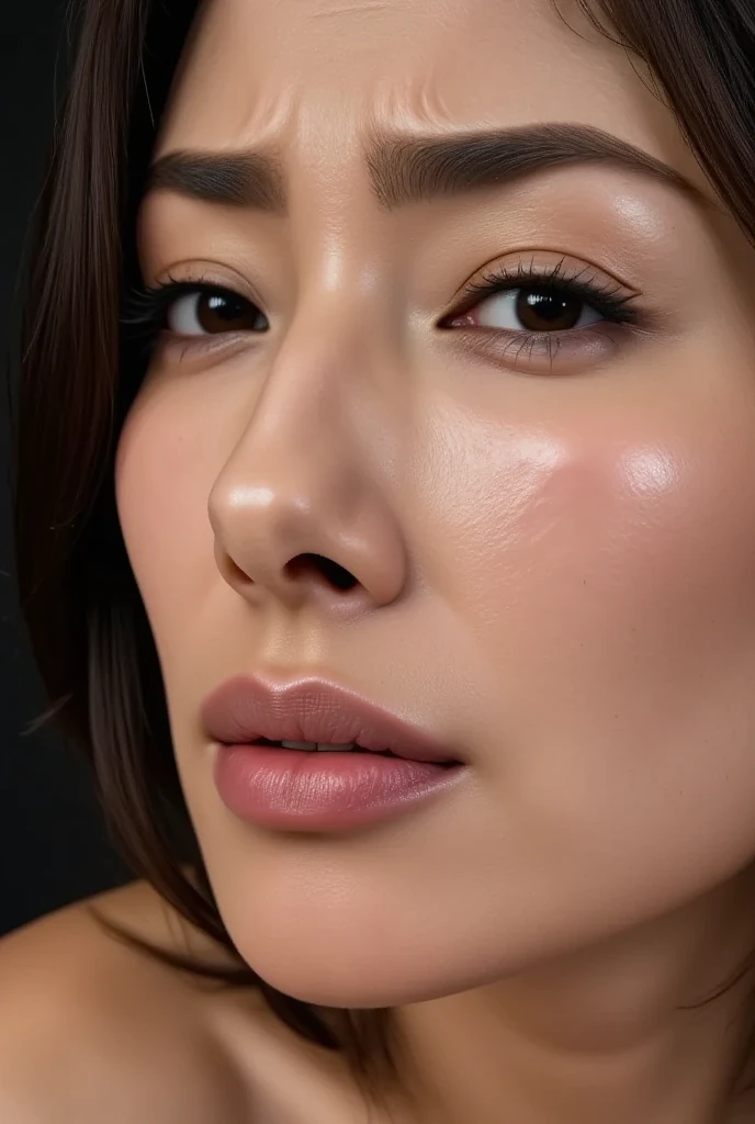 a close-up image of a sexy woman, 2, eyes closed, moaning,edgOrgasm,face focus,woman with edgOrgasm_face, mouth wide open, realistic skin, super defined and contoured lip contour, tanned Skin, beautiful face, no makeup, no eyeliner, no eyelashes, (eyelashes not be visible), (should not be visible), moaning mouth, voluminous lips, small eyes, super defined and detailed eyebrows, extremely symmetrical face, Hair tied back, extremely fine details, Ultra defined realism, ultra HD 8K resolution, extremely realistic and detailed skin, no visible shadows, defined eyebrows, substance painter render, (Hair cannot be in front of the face), 8k, best quality, masterpiece, realistic, ultra detail, photo realistic, hyper realistic, smoother lighting, increase cinematic lighting quality, realistic lighting, backlighting, brightening light, Increase quality, best quality real texture skin, close-up, slender, mystical background,furrowed brow, raised eyebrows, screaming, frown,Beautiful Japanese Actresses,((Short Nose)),((Realistic and detailed eyelashes))