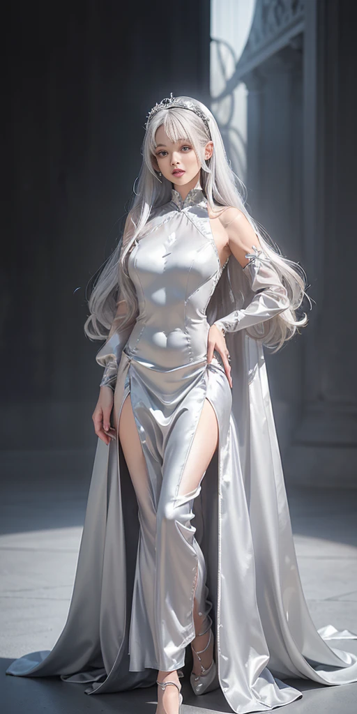（Walking in the rain：1 silver-haired girl, girl）， tmasterpiece， best qualtiy， RAW photogr， realisticlying， faces， incredibly absurd res， Beautiful elf beauty， whole body Dripping wet， (Long silver hair)， ((fullnude))，veils，white stockings，Silver High Heels，depth of fields， hight resolution， ultra - detailed， Filigree， RAWE is very detailed， extremely detailed eye and face， Sharp pupils， pupil realistic， tack sharp focus， cinmatic lighting，full body Esbian，Small，long legged，from the front side，Main street on a rainy day，dynamicposes
