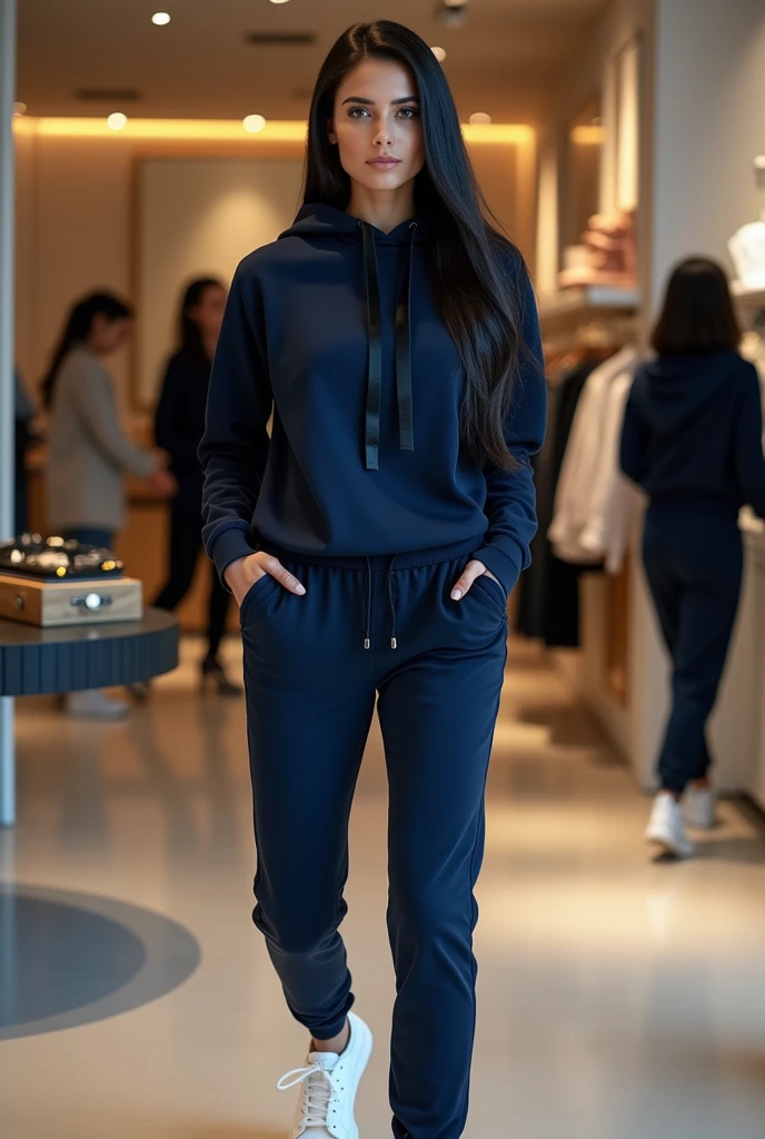 "A stunning European woman with long, straight black hair, exuding elegance and beauty. She is wearing a sleek tracksuit in a dark navy blue color, featuring a pullover-style hoodie with no zippers. The hood is adorned with black satin ribbons instead of traditional drawstrings, adding a touch of sophistication. The tracksuit has ribbed cuffs and a snug, flattering fit. On her feet, she is wearing white Nike sneakers. The woman is standing confidently inside a beautifully designed boutique, surrounded by elegant displays of clothing and accessories. She poses gracefully in various dynamic and stylish positions, showcasing the tracksuit as if modeling it for a high-end fashion advertisement. The lighting is soft and professional, enhancing the premium quality of the outfit and creating a chic and modern atmosphere."