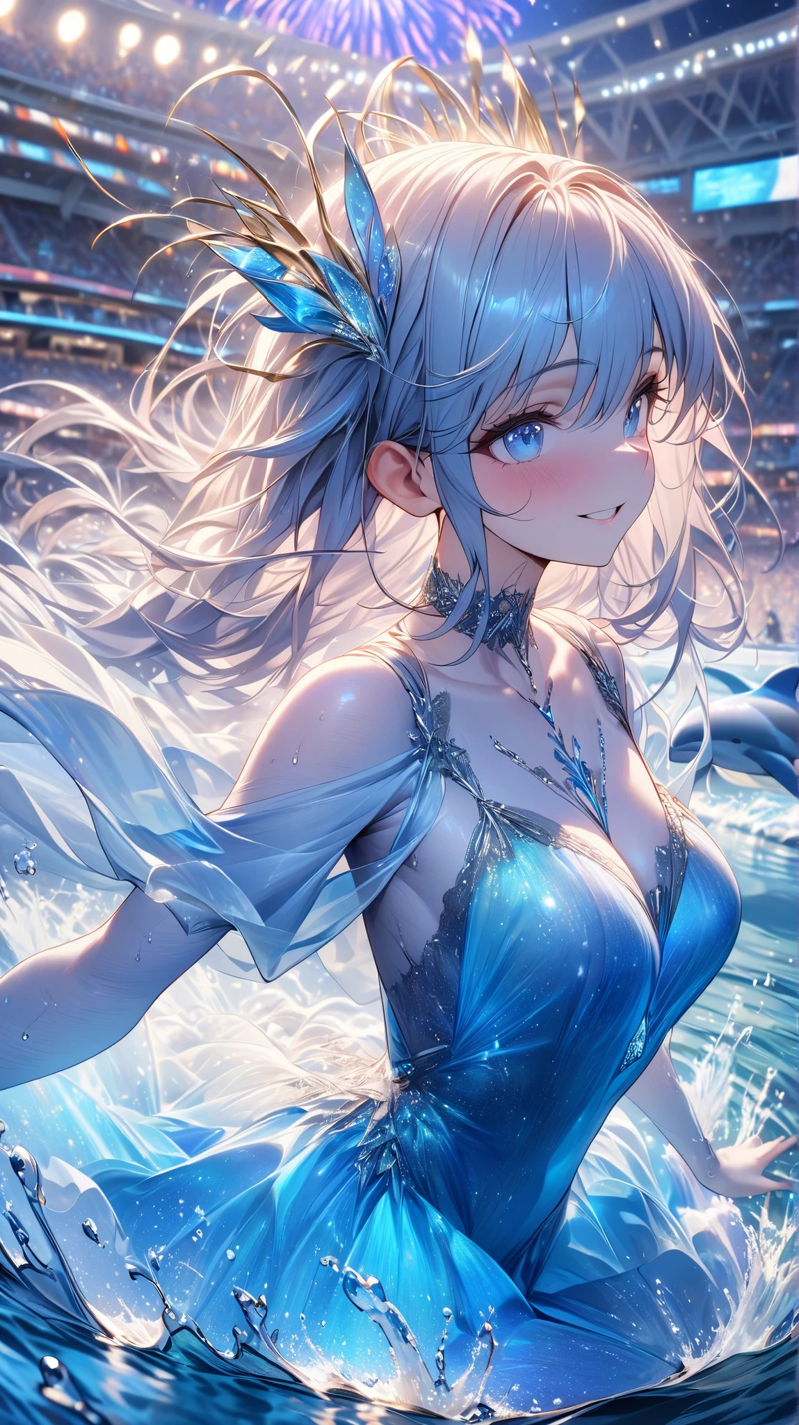 high-detail、masutepiece、fine portrayal、Vivid、absurderes, hight resolution, (Best Beautiful Girl Idol:1.5), (Big Lori:1.2),erectile nipple、 Cowboy Shot, (Tsunami:1.4),Colorful micro bikini, frilld, large earring, Gorgeous Necklaces, Gorgeous bracelets, Midsummer blue sky、 (floating water drop), (Water splash), (Water Effects:1.2), Dynamic Pose, Dynamic Angle, from the front side, resplendent smile、red blush、Countless particles of light、cinematic light and shadow、Brilliant kaleidoscope glow、Bright floral ornament、Iridescent glow、f lare、