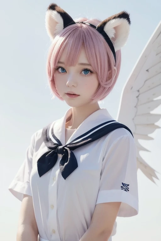 ski style, 1 girl, solo, pink hair, animal ears, blue eyes, wings, looking at the viewer, bangs, short hair, bow, sailor collar, simple background, white sailor collar, bow hair, pink bow, closed mouth, shirt, white shirt, bear ears, bob cut, mini wings, gray background, portrait, detached wings, invent, trunk, white background