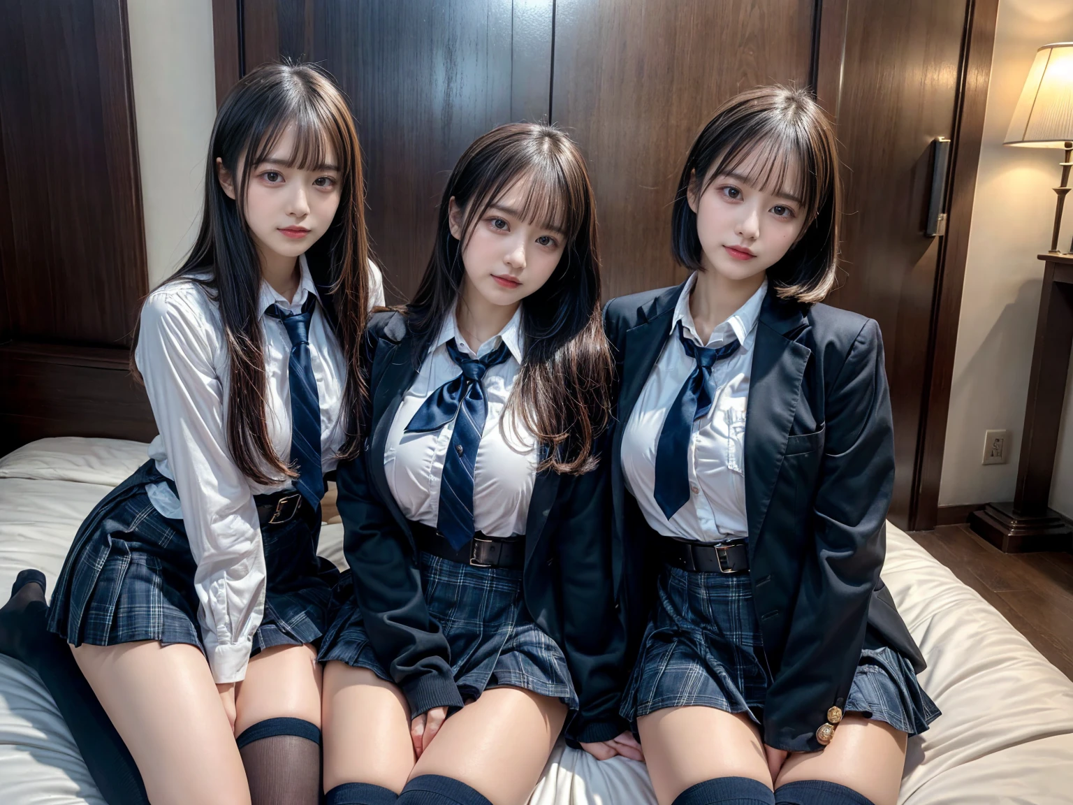 (8K, Raw photography, top-quality, masterpiece:1.2), master piece, best quality, illustration, Super detailed, fine details, High resolution, 8K,wall paper, perfect dynamic composition,(Details High quality, realistic depiction of eyes:1.3), ((2 girls, 2 schoolgirls)), The background is a luxury hotel room、High school girl uniform、blazer 、Super Short Check Uniform Skirt、Navy blue high socks、garterbelts、Colossal tits、Disturbed uniform, Play with each other,Touching each other's bodies,Touching the body of the girl next door, short bob hair, black hair color, huge breasts, Big Natural Color Lip, bold sexy pose, (perfect body shape), crying a little、cold gaze, Beautiful makeup,glitter makeup,Cutest 18 years old, beautiful legs, hposing Gravure Idol, Voluptuous thighs