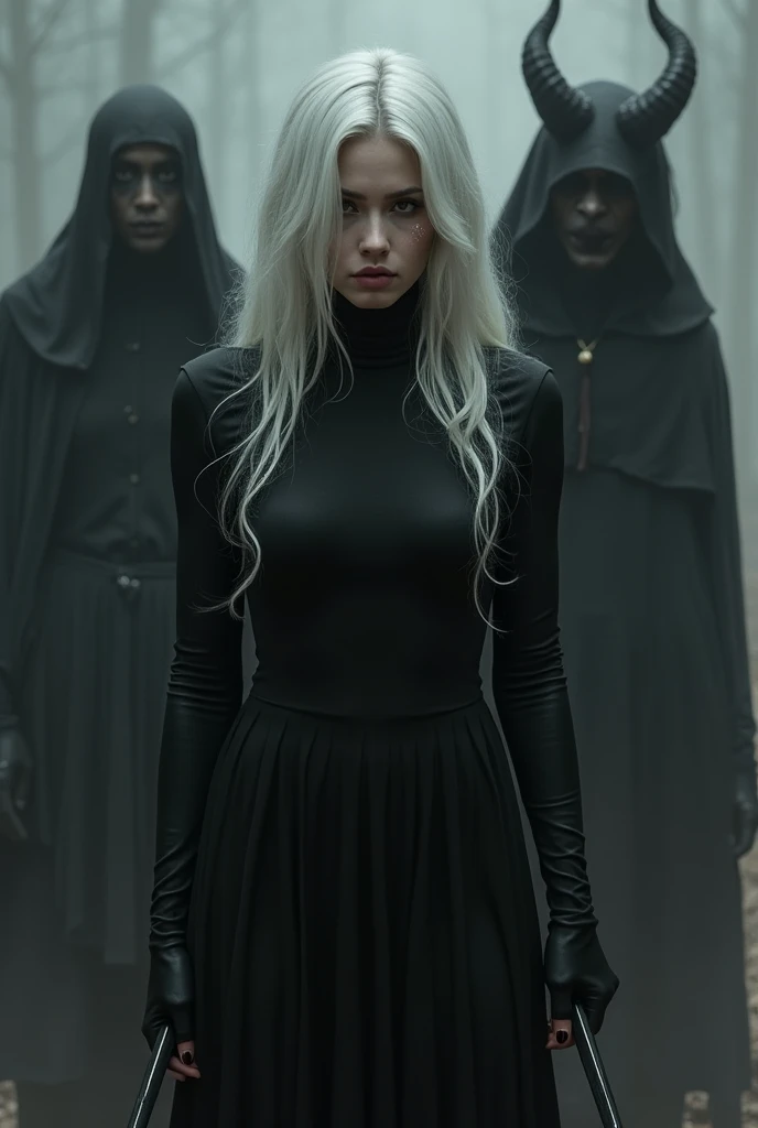 Create a cover for a book, that shows a dark room, and a young woman with Asian features, beautiful and mesmerizing look, White hair, In the environment surrounding the girl there are many black shadows with glowing red eyes