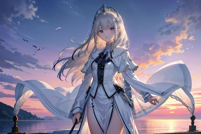 (masterpiece)、(highest quality)、(Super detailed)、(best anatomy)、official art、pretty girl、Lori with light-colored hair、Petite girl、shoulders are exposed、beautiful breasts、Thigh exposure、Fantastic starry sky