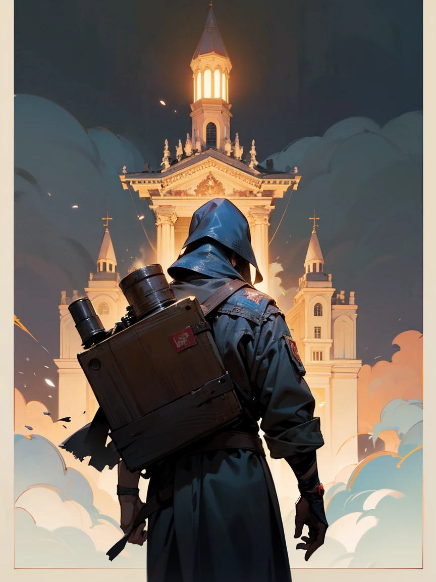 Painting of a man in a red robe and a red cape with a clock tower in the background, clocktower, stylized digital illustration, inspirado em Geertgen tot Sint Jans, inspirado em Boris Kustodiev, mago com capuz vermelho, pintura estilizada, matte digital illustration, pintura fosca guache, speedpaint, #1 pintura digital de todos os tempos