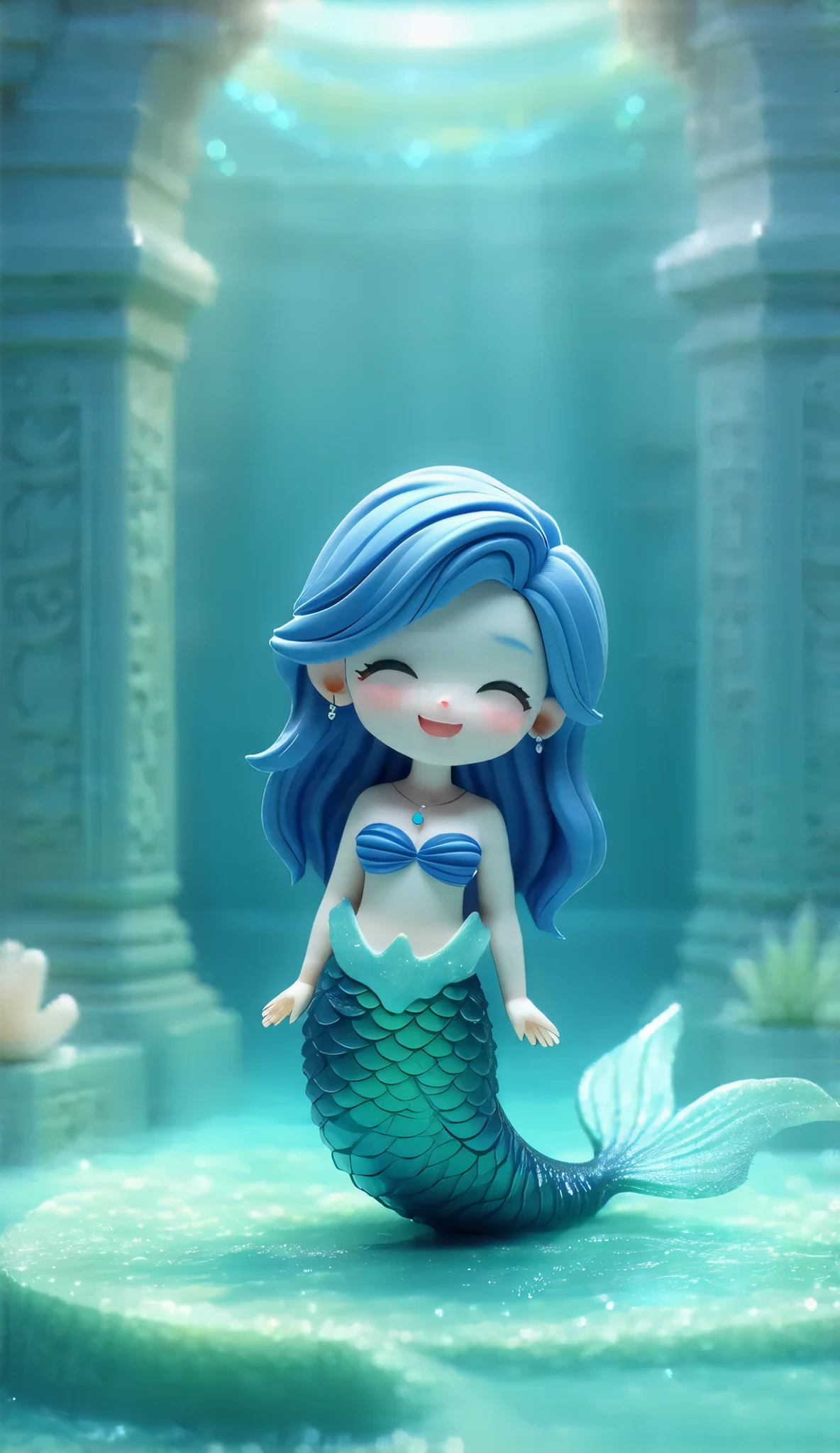A detailed photorealistic cute, full body Mermaid, small with large eyes, magic, on a white background, Fantasy style, realistic full body, dark colour , magic splash, bright, gothic, t-shirt design, in the style of Studio Ghibli, pastel tetradic colours, 3D vector art, cute and quirky, fantasy art, watercolour effect, bokeh, Adobe Illustrator, hand-drawn, digital painting, low-poly, soft lighting, bird's-eye view, isometric style, retro aesthetic, focused on the character, 4K resolution, photorealistic rendering, using Cinema 4D