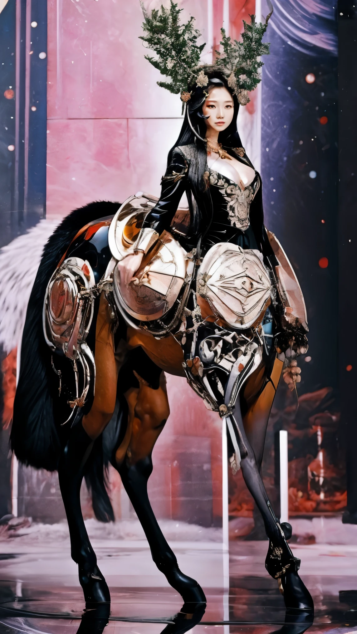 Female, half-centaur, half-horse, half-horse, half-horse, chimera，Female centaur，Female heroic moves，She is famous in the multiverse，She was known as Empress Centaur or Empress Yingzhao，There is also a diversity of people's understanding of her，Her image is somewhere between，Head, neck and shoulders，Transforms into a beautiful female human upper body，Female centaurs, half horses, half horses, and female centaurs undergo human feminization，Either understanding is based on powerful futuristic technologies。The ultra-wide-angle lens captures the beautiful and ethereal mechanical female, half-centaur, half-horse, half-horse, half-horse, half-horse, chimeric queen on the ionosphere, and the light wings spread out to make the jump。Her front half is a tall, sexy body with obvious feminine characteristics，The hind body is the back half of an anthropomorphic horse that interfaces the front half of the body at the back and waist position，The torso of her back body resembles a large female human stoop that connects the lumbar spine of the front and back from the sternum, and the ribcage in the shape of a dog style, waist, abdomen, and hips，Mechanize the anti-joints and feet in the shape of the hind leg horse's knee and personify these parts，Make the legs graceful and slender，She has four slender legs like a supermodel，Under the legs are the feet of humans wearing skyscraper heels，Use Midjourney's advanced stroke tools and color palettes, as well as texture packs, model packs, and texture tools，Concentration，Mechanize all her equine physiology organ parts and give the mechanized parts an ergonomic appearance，Handle the chest, abdomen and hip details，Add anthropomorphic mechanical elements to non-ergonomic parts，Give her a sexy human look of harmony and unity，Enhance the sense of future technology。Plated her mechanical wings with a glow unique to space，The halo crown on her head casts a neon light casting a rainbow，Let her be majestic，Use Midjourney's advanced stroke and texture