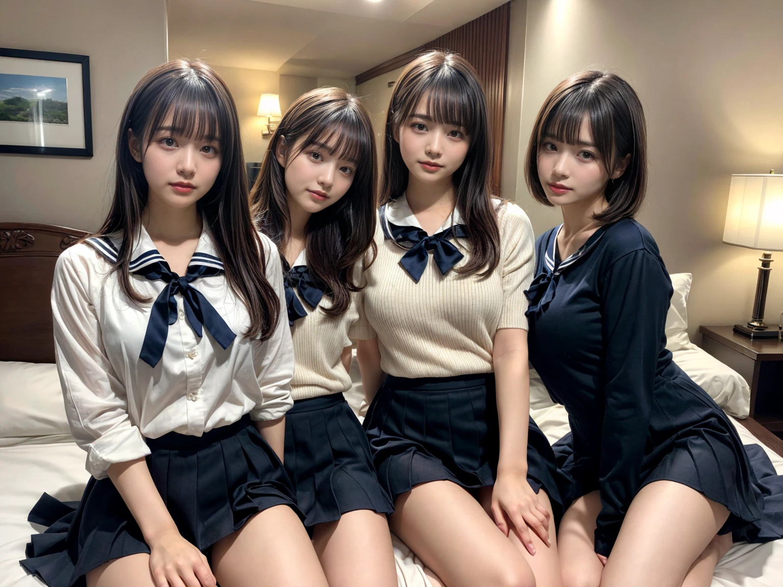 (8K, Raw photography, top-quality, masterpiece:1.2), master piece, best quality, illustration, Super detailed, fine details, High resolution, 8K,wall paper, perfect dynamic composition,(Details High quality, realistic depiction of eyes:1.3), ((2 girls, 2 schoolgirls)), The background is a luxury hotel room、High school girl uniform、blazer 、Super Short Check Uniform Skirt、Navy blue high socks、garterbelts、Colossal tits、Disturbed uniform, Play with each other,Touching each other's bodies,Touching the body of the girl next door, short bob hair, black hair color, huge breasts, Big Natural Color Lip, bold sexy pose, (perfect body shape), crying a little、cold gaze, Beautiful makeup,glitter makeup,Cutest 18 years old, beautiful legs, hposing Gravure Idol, Voluptuous thighs