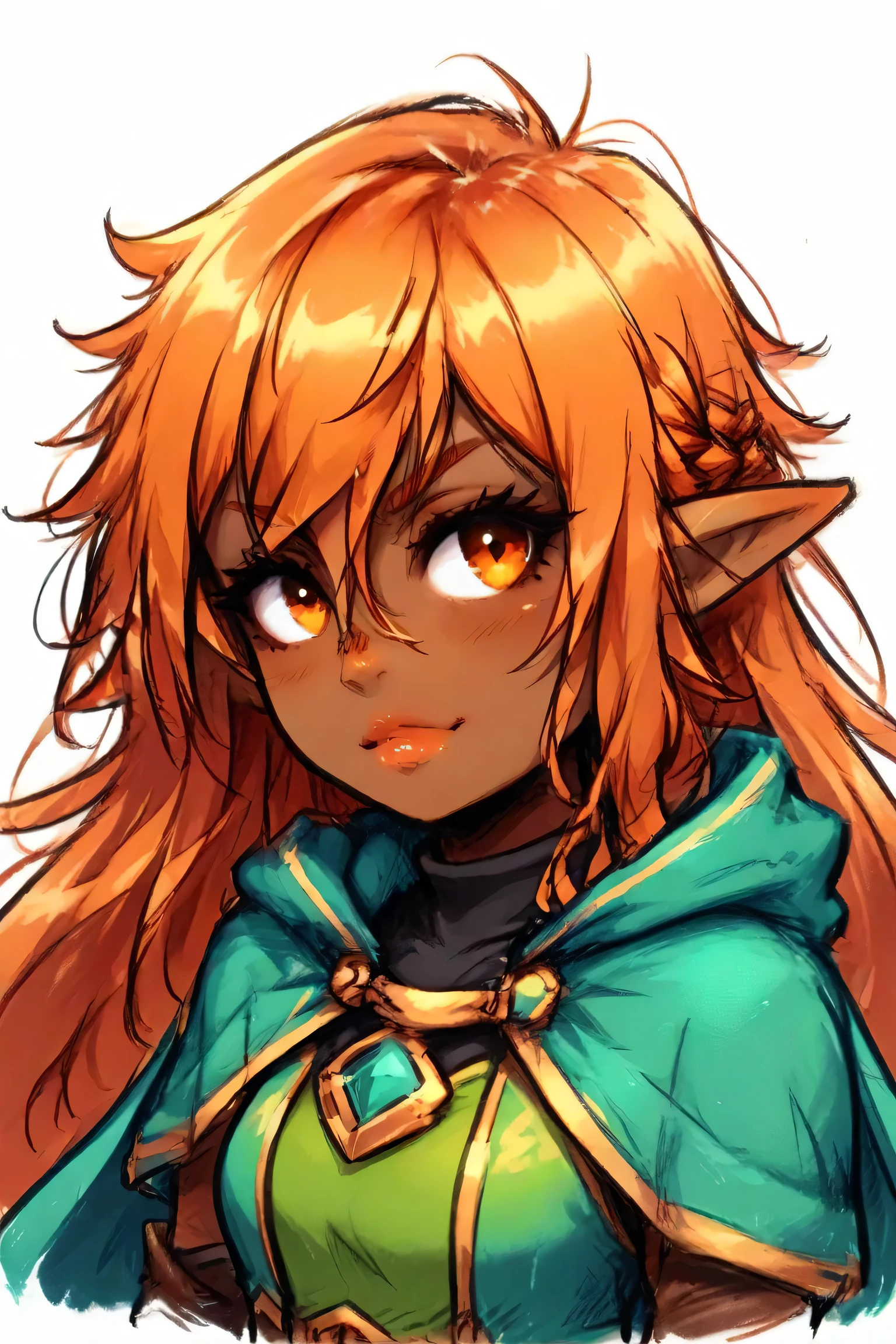 You can create the image of a ranger elf girl, high, with brown skin, messy orange hair ,  wild eyes green-aqua ,  who wears a cape and has a black puma as a companion 