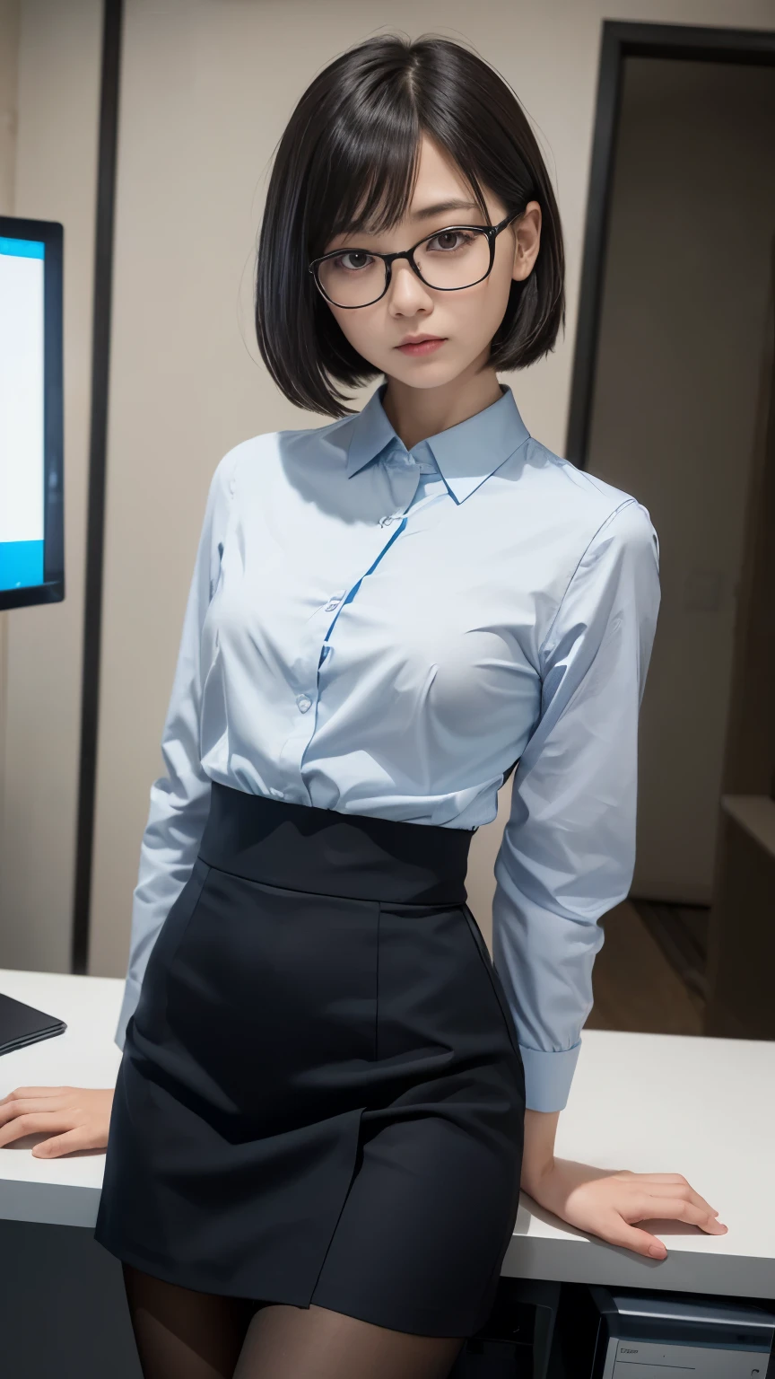 Highest quality、masterpiece、8k、Very detailed、Realistic、(One girl)、(Looking at me with a smile:1.5)、whole body、(Black Hair)、Short Hair、Small face、(Slender:1.2)、(Big Breasts:1.2)、(White business shirt with buttons and a collar:1.2)、(short tight skirt in gray,:1.2)、(Grey business jacket:1.2)、Glasses
