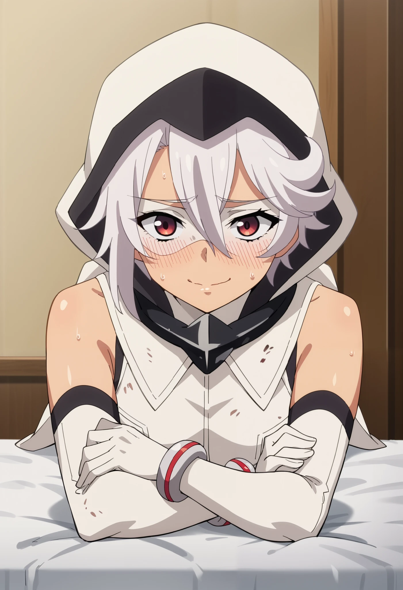 1girl, solo, short hair, White hair, red eyes, eye mask, leotard, sleeveless, belt, elbow gloves, bracelet, thighhighs, thigh boots, Hood, ((hood up)), laying, on stomach, arm support, looking at viewer, indoors, nervous smile, closed mouth, sweat, blush, anime screencap score_9, score_8_up, score_7_up, score_6_up, score_5_up, score_4_up, BREAK source_anime, masterpiece
