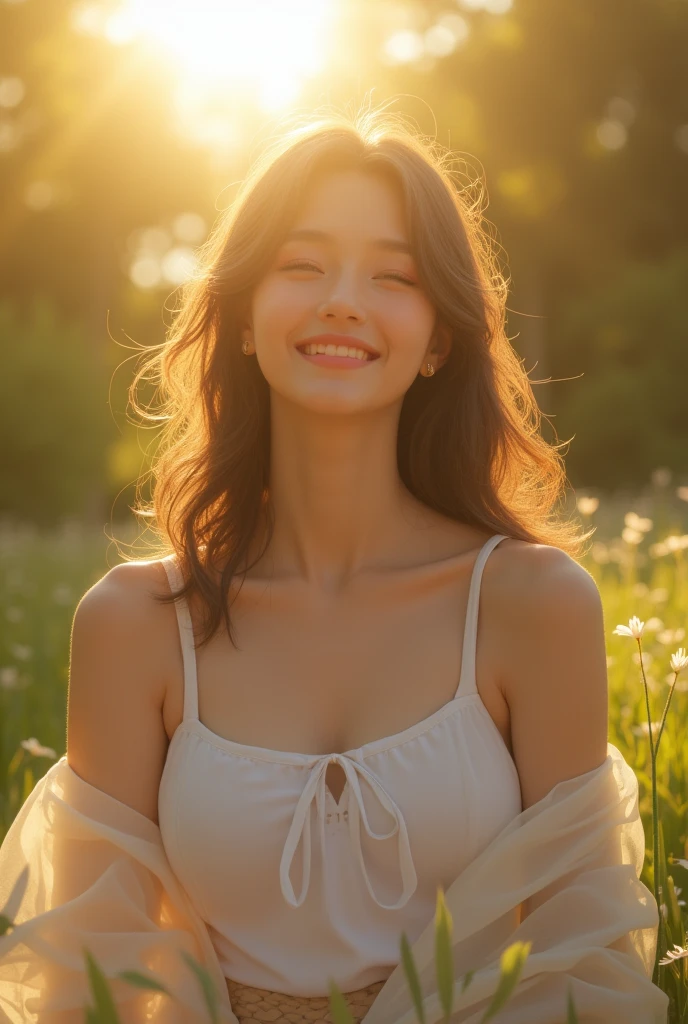 cleavage,Best quality, masterpiece, ultra high res, (photorealistic:1.4), raw photo, 1girl, white dress, off shoulder, white flower field, glowing skin, light smile