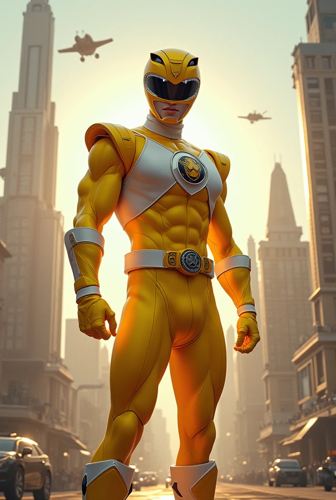 tall person in a SPD
gold spandex powerranger suit with the number seven in white with a gold helmet no shield . silver police belt. no shapes