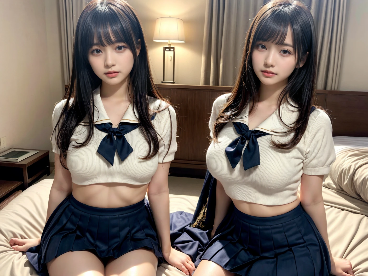 ((2girls)), ((Best Quality)), (Ultra-detailed), (extremely detailed CG unified 8k wallpaper), Highly detailed, High-definition raw color photos, Professional Photography, ((Beautiful small breasts)), (bare breasts), Peanut butter brown hair, Amazing face and eyes, Pink eyes, (amazingly beautiful girl), Middle-School, (See-through sheer school uniform), (:1.3), Cameltoe, Lesbian kiss