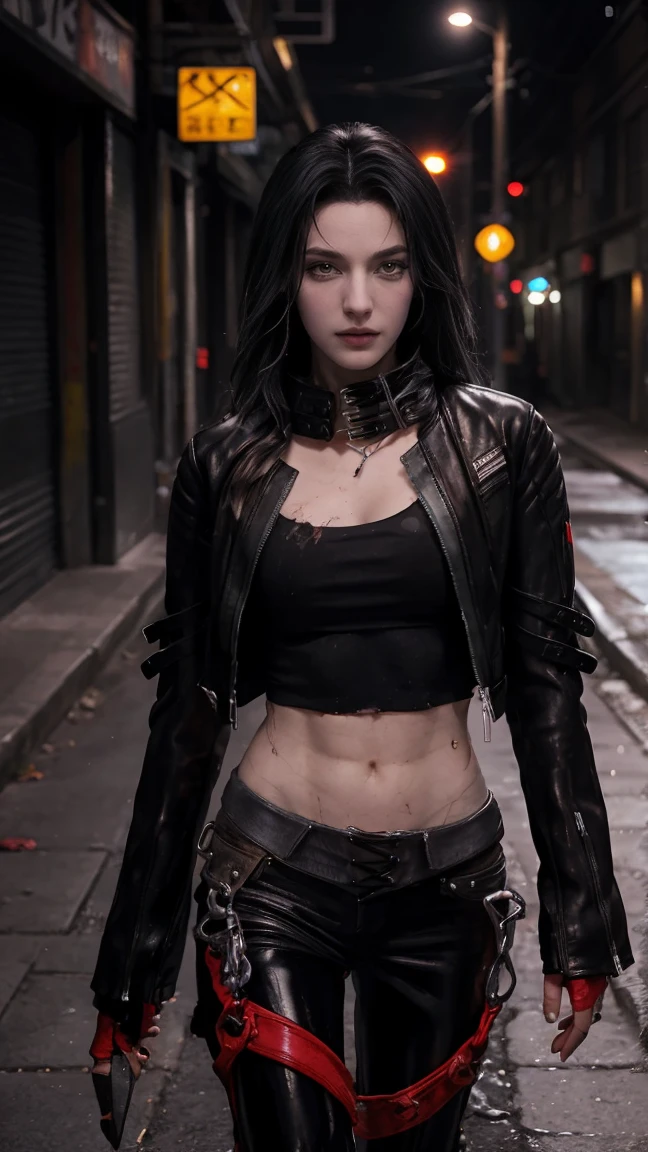 (masterpiece), best quality, HD, 4K, perfect face, black hair, leaked , socks, drunken eyes, hetero, torned dirt leather Jacket, hairband, black long hime hair, hime cut, tall assassin, collarbone, , muscular, knee, ABS collarbone, sweaty, dumped, wet dirty torned leggings leather, wet tight, sticky, , skinny body, hot, sweats, slum background, , clothed , , glowing red eyes, Saliva lips, KPop idol, free , hell, , , tags necklace, piercings, tally, finger, bracelets, jewellery, navel piercings, legs tattoos, jewels, anklet, buds, lips, drugged, addict junkies, of chains, mud dirty, holding syringe, abused, smiles, happy, scar on skin, humanity, pills syringe on floor, sick, lips piercings, goth, eyelashes, legs, mindbreak, smile, teeth, tooth, angell, tank top, black pants, , red gloves, yellow eyes, black hair, werewolf, shr