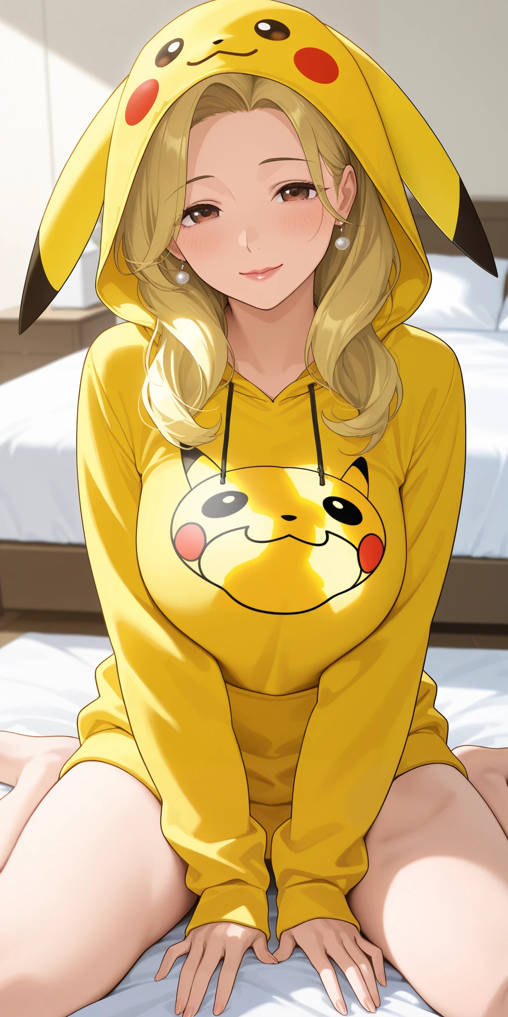 mature female, housewife, blonde hair, pikachucosplay, pikachu \(pikachu\), character print, hood, hoodie, yellow hoodie, milf, soft light, high detailed, best quality, on bed, wariza, w sitting 
