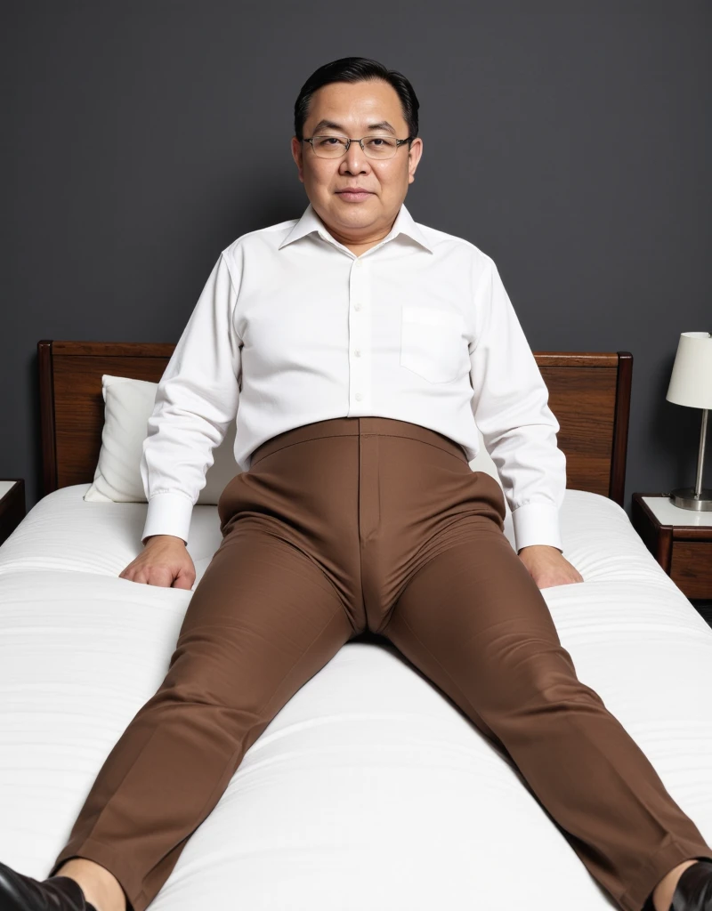 Uncle Lu Chuanhai, a local middle-aged elegant fat teacher，Male uncle，National character face，The eyebrows are large, It was dark and thick，largeeyes，The eyes have lying silkworms，Dark  skin，Body obesity，potbelly，Strong chest，There is chest hair，Wear a long tie，The upper body is naked，legs are open，Raise your legs，The lower body is wrapped in a white bath towel，Sit on the bed，Lift your thighs，Butt forward，There is leg hair，Expose the thick soles of your feet，Sweat on the face，Full Body Sweat，Covered in sweat，The expression is shy，Ruddy face